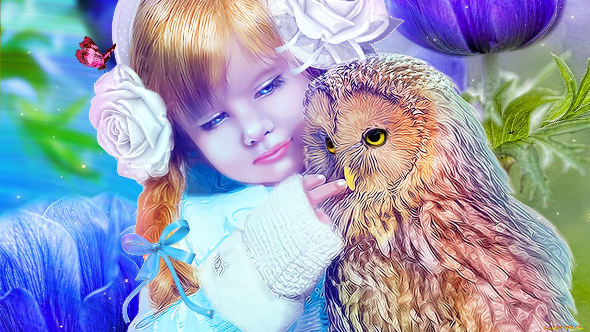 фэнтези, фотоарт, сова, девочка