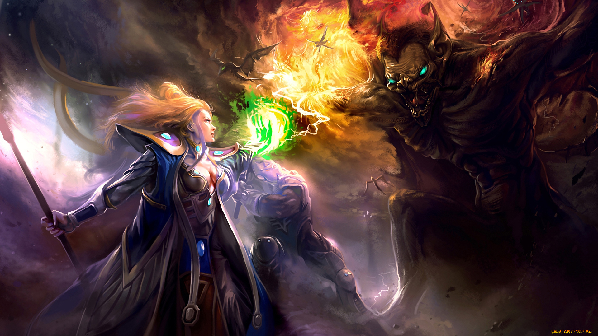 фэнтези, красавицы, и, чудовища, сражение, демон, магия, драконы, девушка