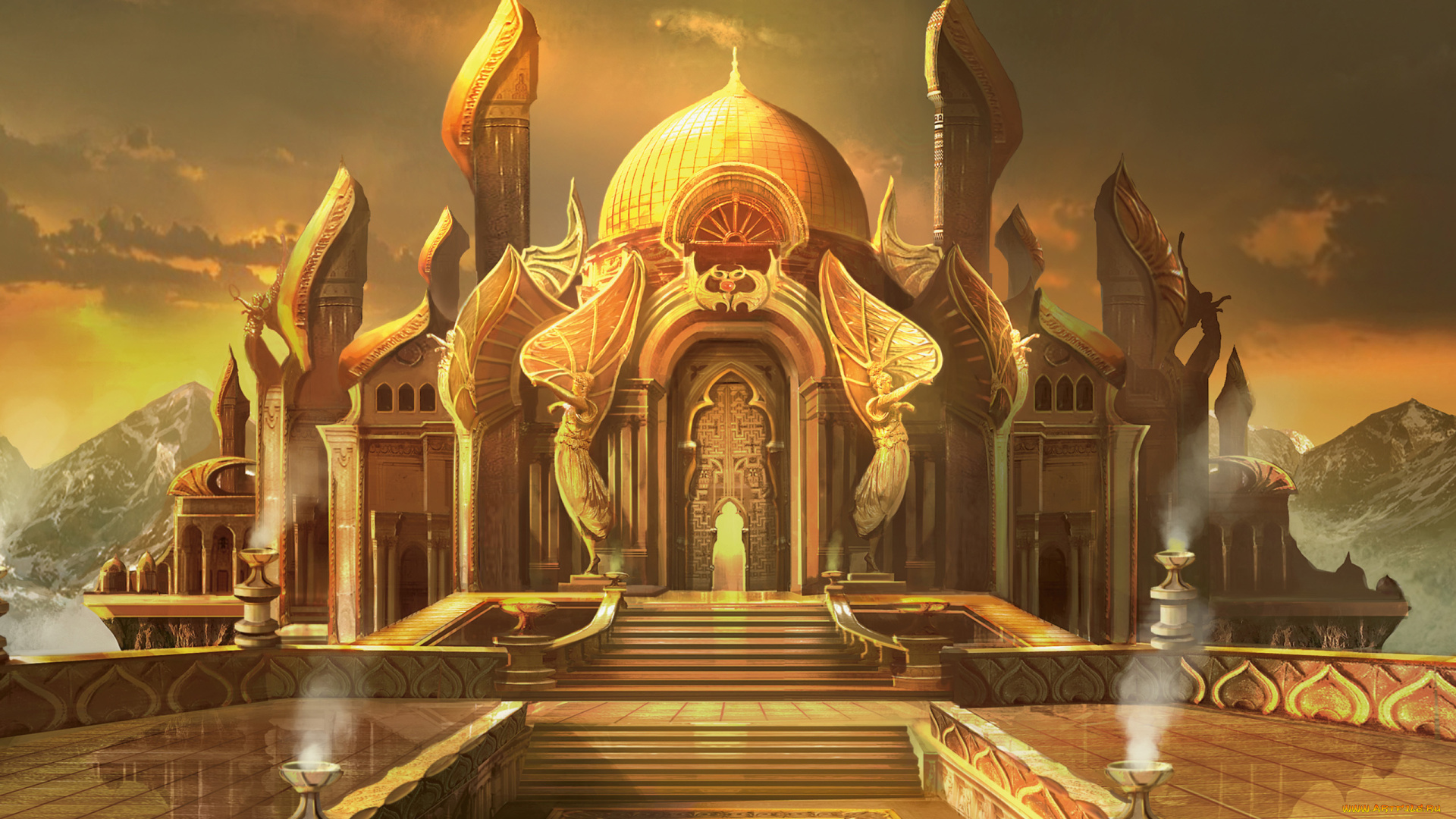 фэнтези, замки, дворец, купол, статуи, врата, горы