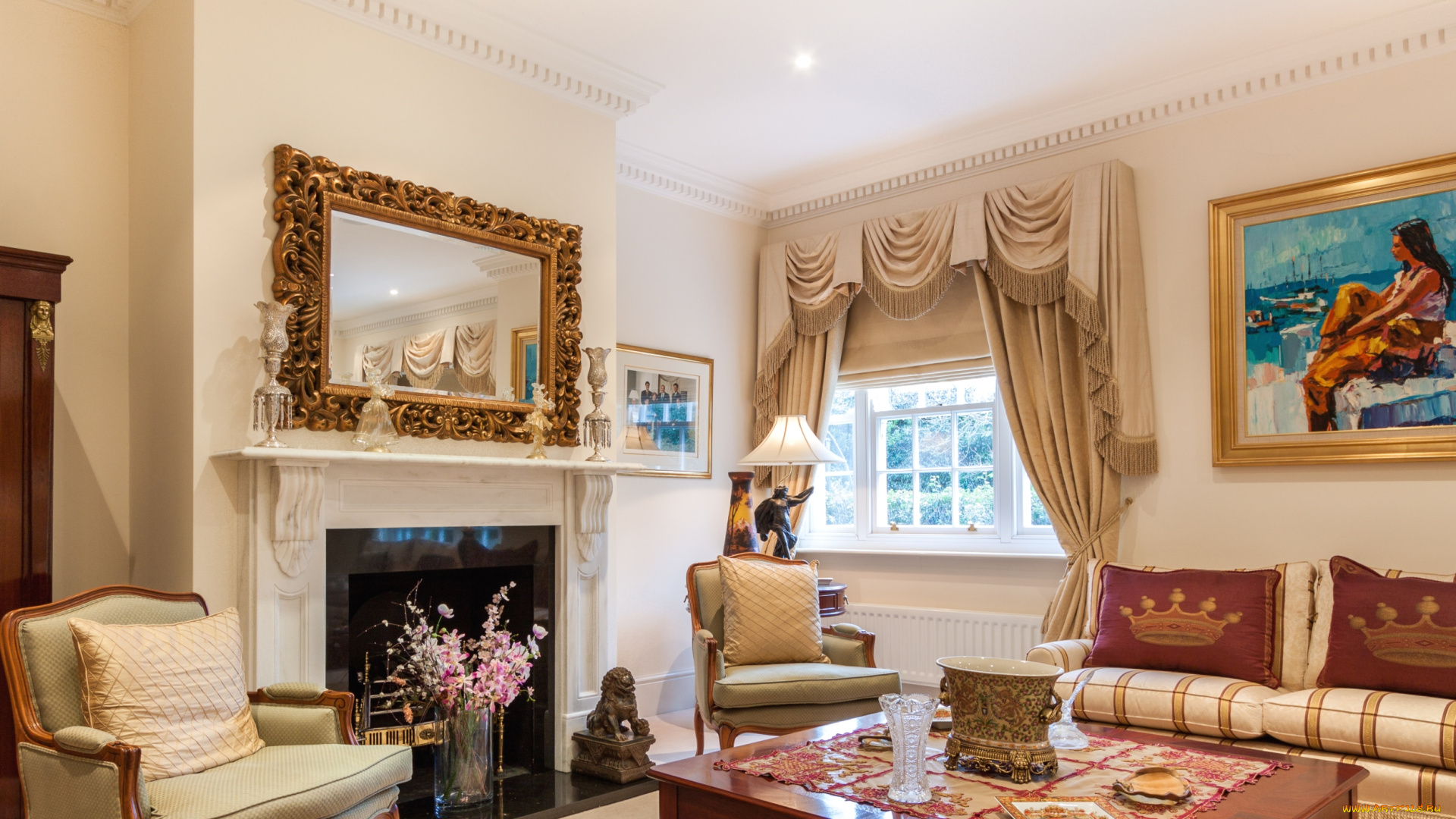 интерьер, гостиная, зеркало, декор, камин