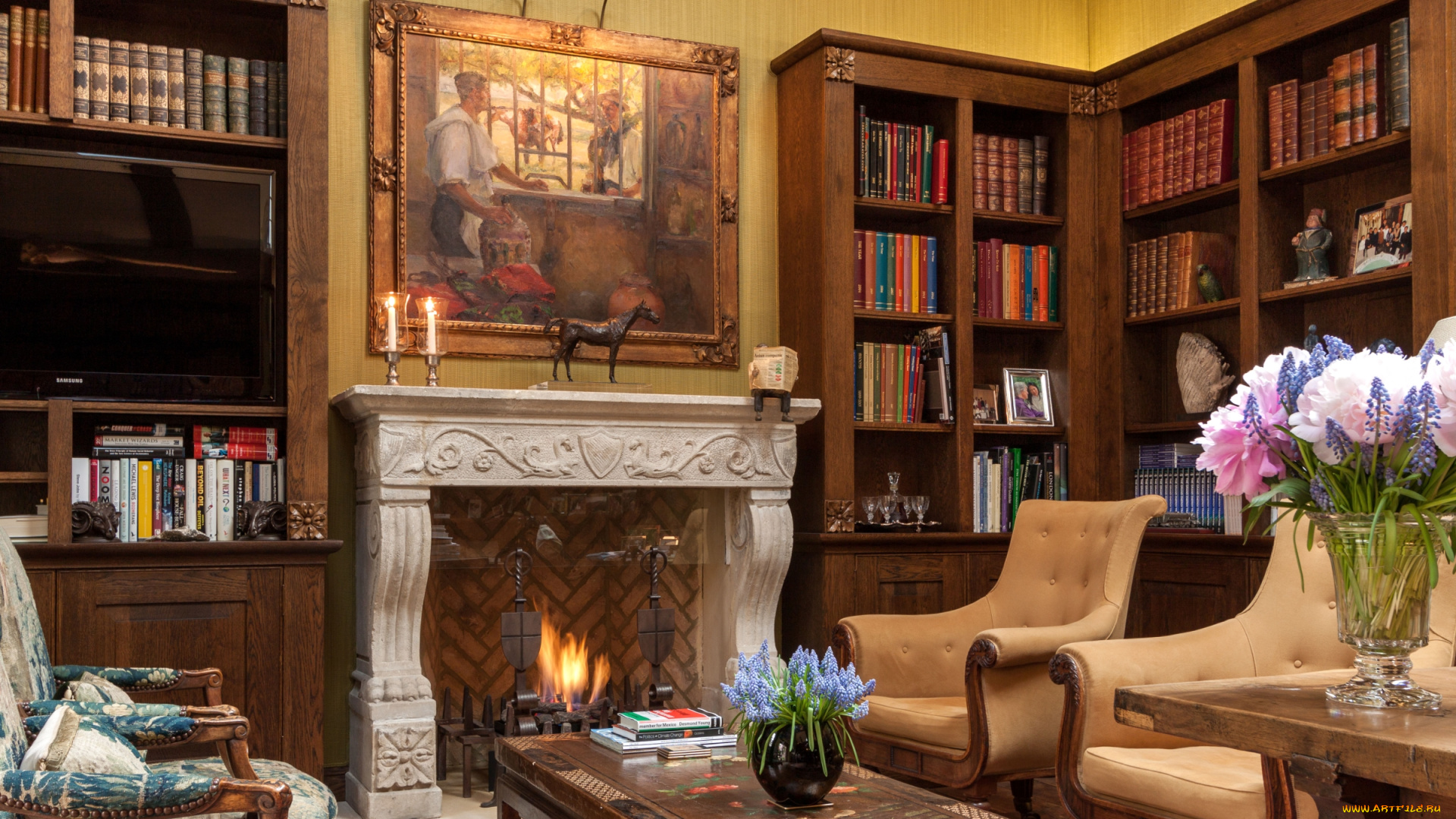 интерьер, кабинет, , библиотека, , офис, камин, книги