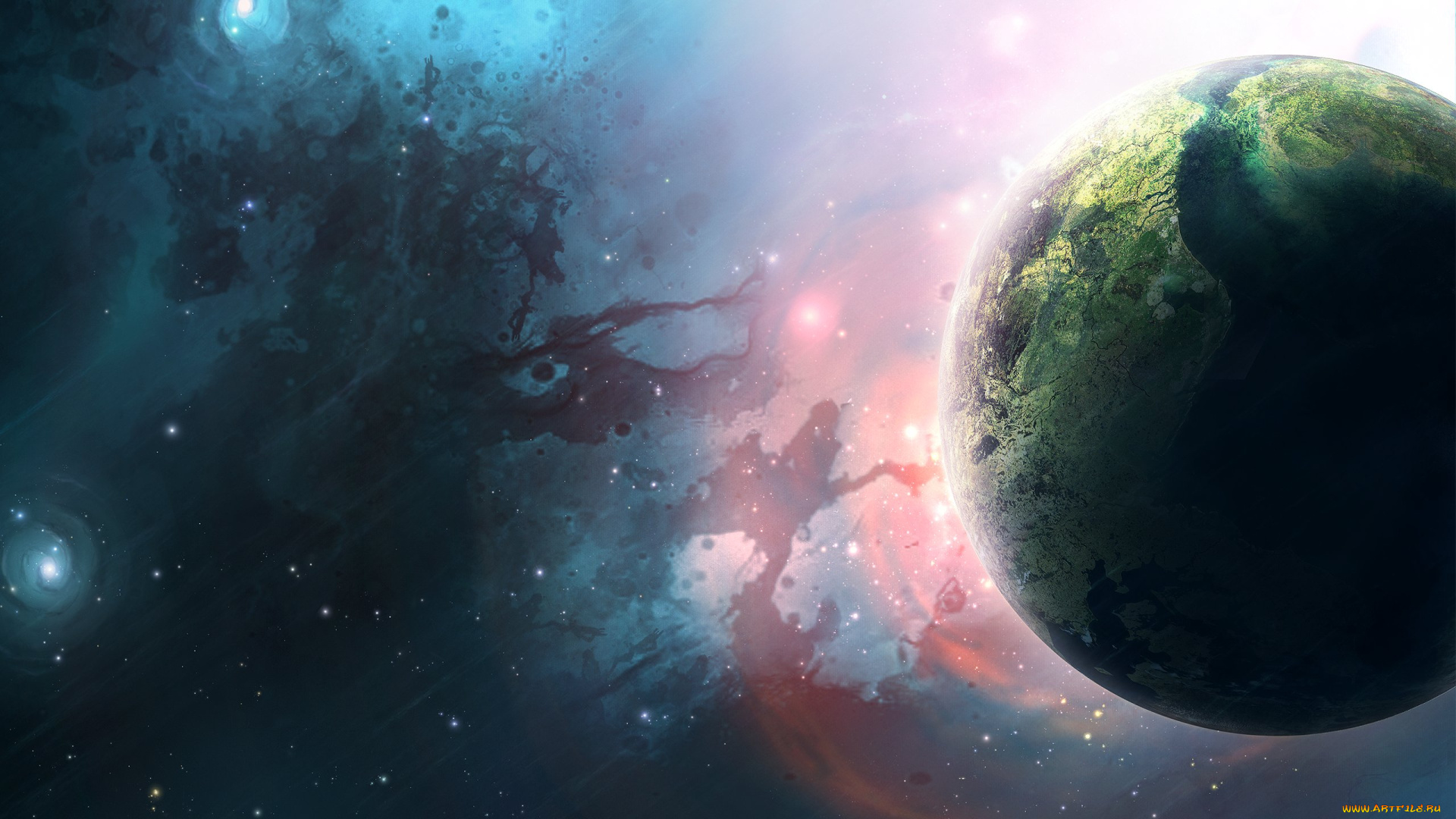 космос, арт, туманности, свечение, планета, звезды, галактики