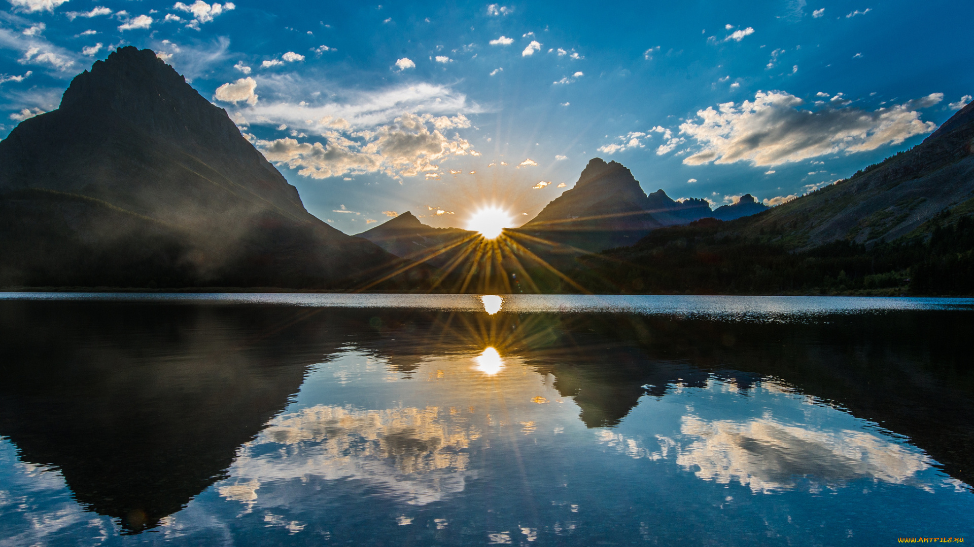 природа, восходы, закаты, небо, отражение, озеро, горы, лучи, облака, солнце