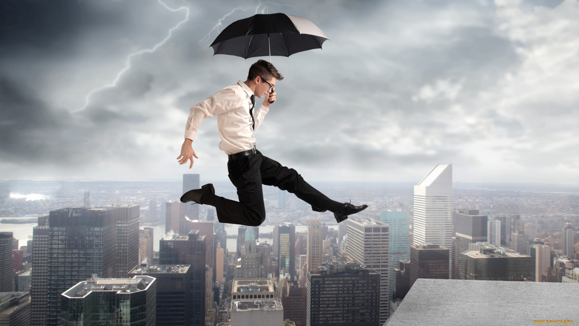 разное, компьютерный, дизайн, город, рубашка, очки, молния, прыжок, здания, парень, зонт