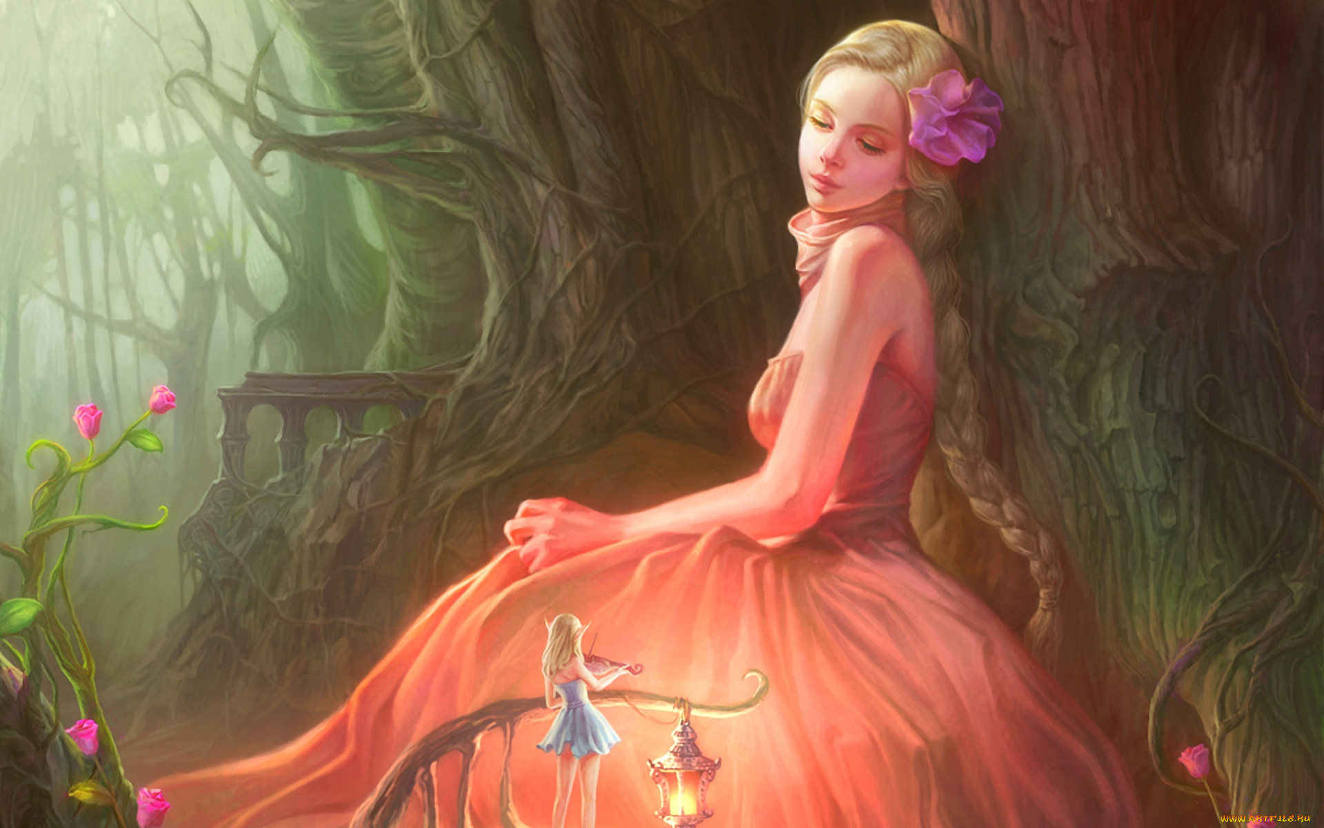 фэнтези, девушки, фонарь, цветы, фея, лес, девушка