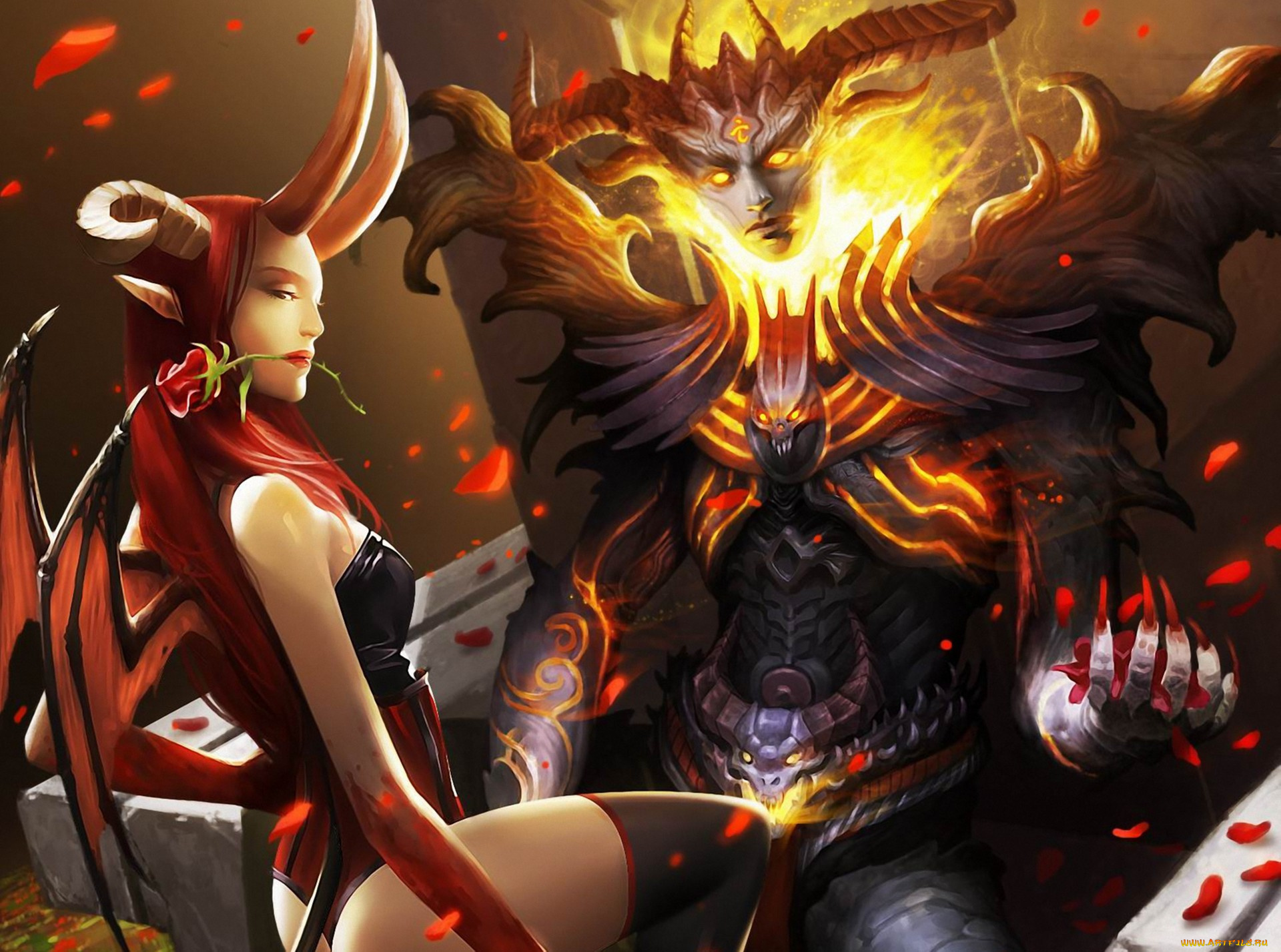 видео, игры, legend, of, the, cryptids, арт, крылья, цветок, роза, рога, парень, девушка, суккуб, демон, legend, of, the, cryptids, лепестки, огонь