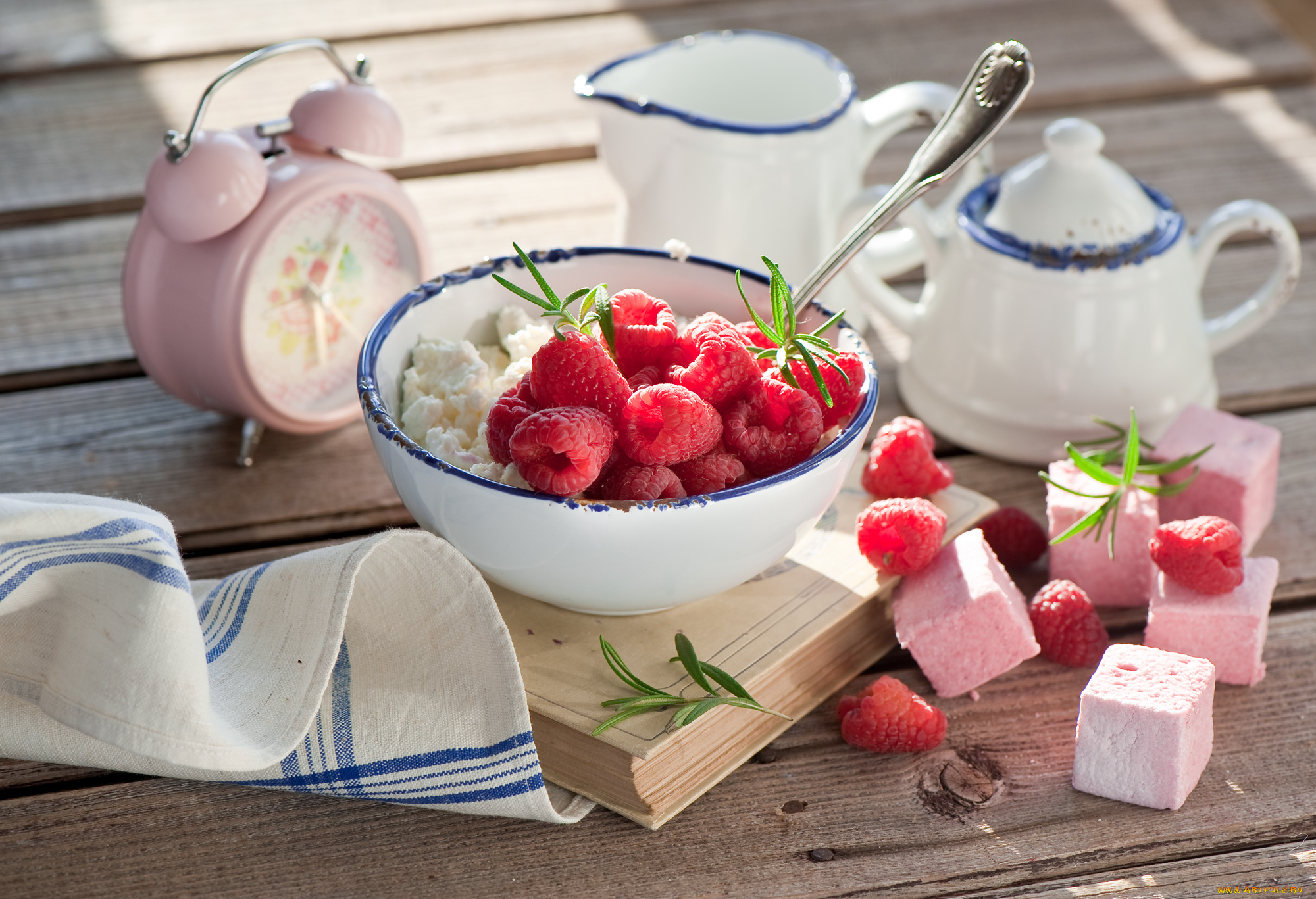 еда, разное, натюрморт, завтрак, будильник, ягоды, малина, творог, книга, полотенце, зефиры, маршмеллоу