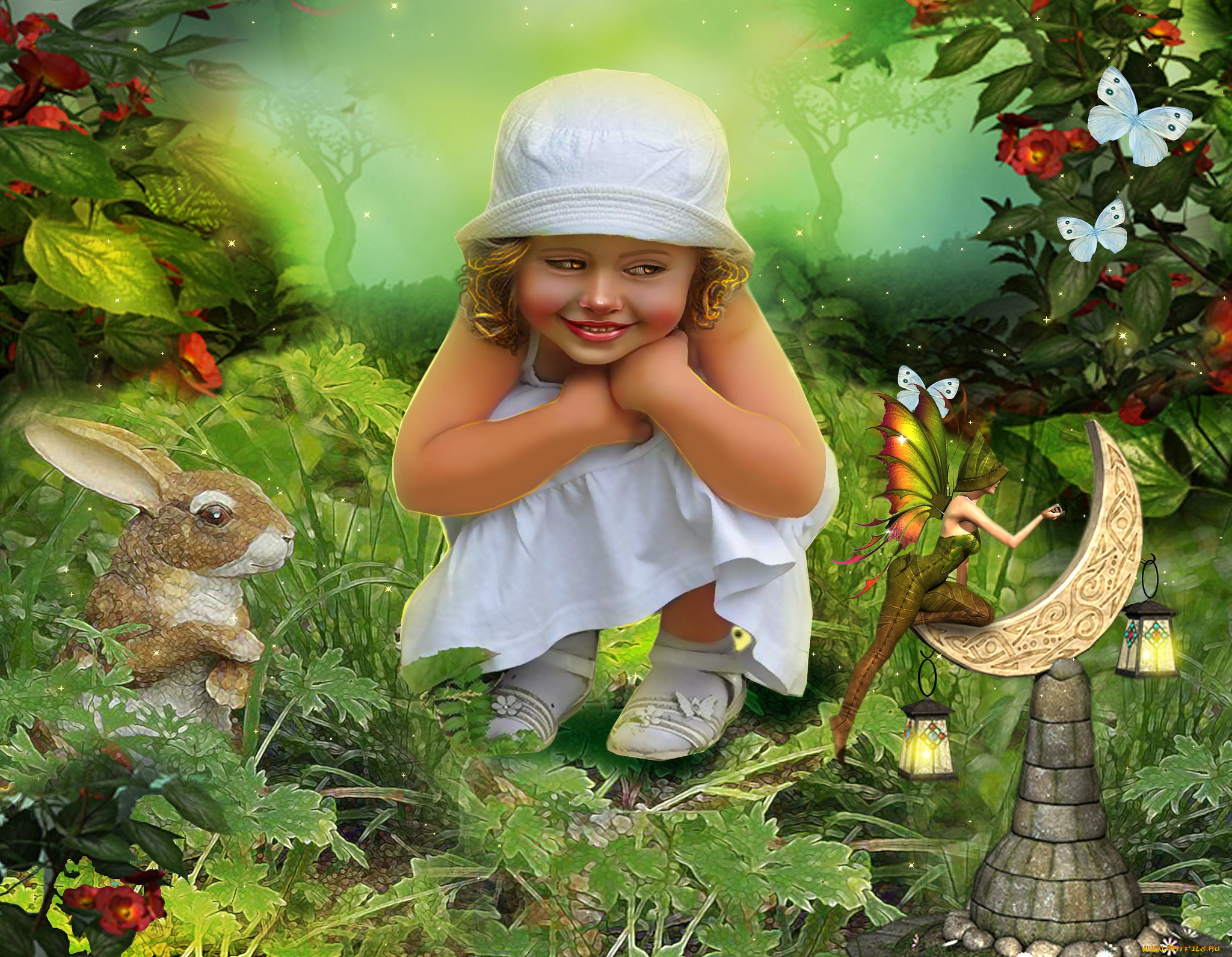 фэнтези, фотоарт, кролик, фея, лес, девочка