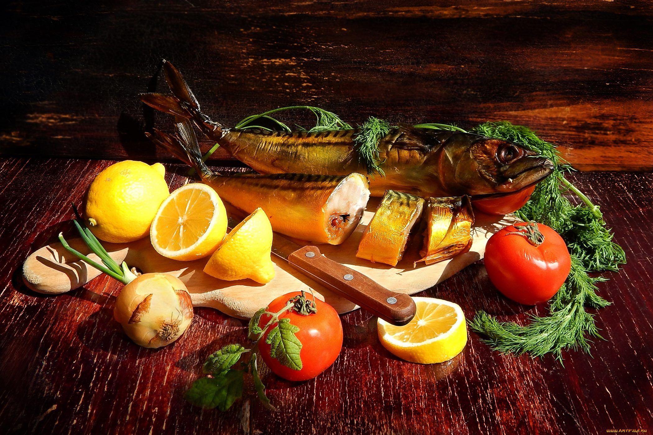 еда, натюрморт, селедка, лимон, помидоры