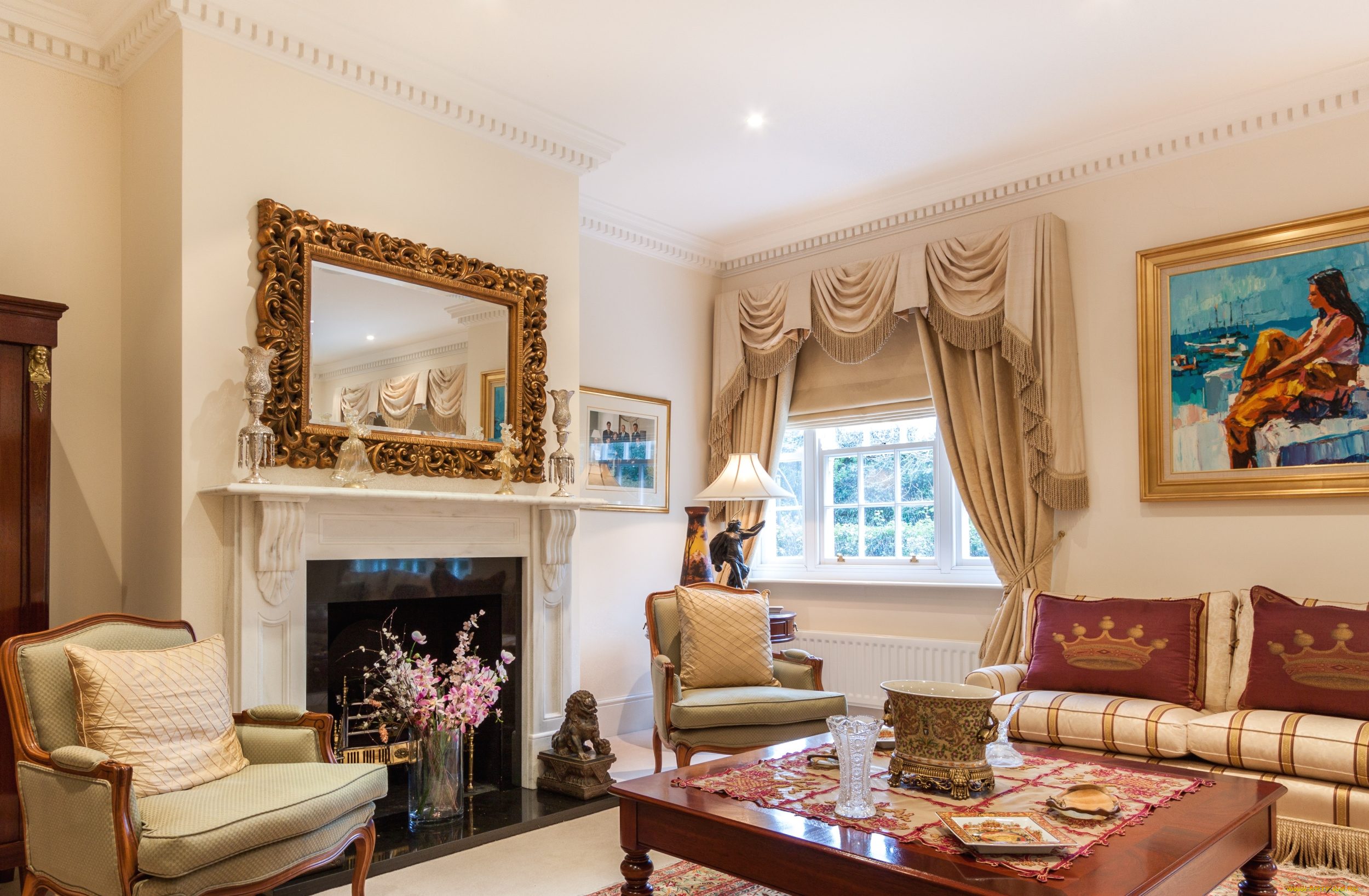 интерьер, гостиная, зеркало, декор, камин