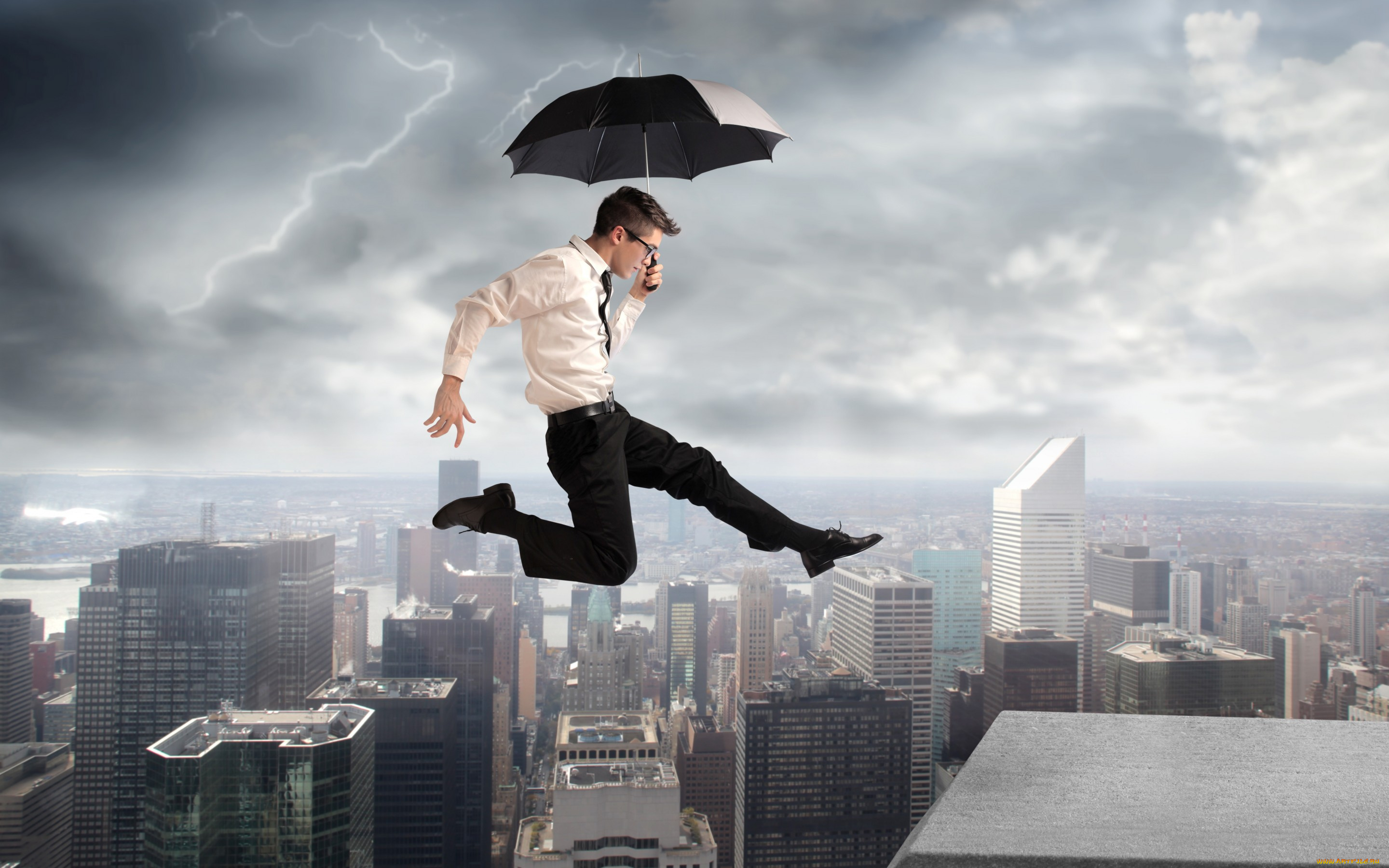 разное, компьютерный, дизайн, город, рубашка, очки, молния, прыжок, здания, парень, зонт