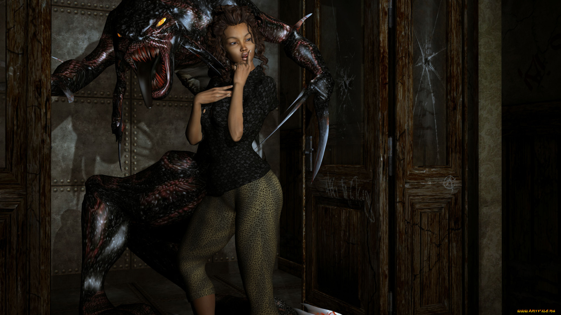 3д, графика, фантазия, , fantasy, девушка, существо, фон, взгляд