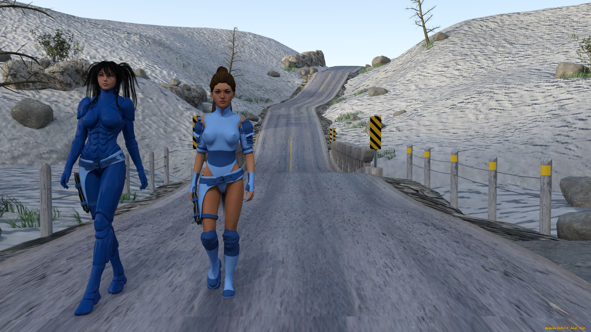 3д, графика, фантазия, , fantasy, девушки, взгляд, фон, дорога, камни