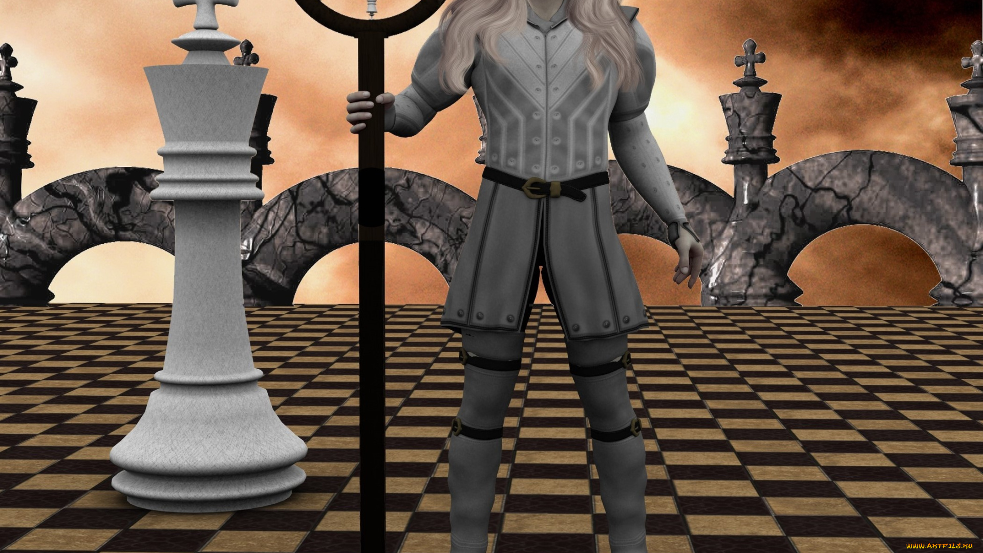 3д, графика, фантазия, , fantasy, фон, шахматы, шест, взгляд, мужчина