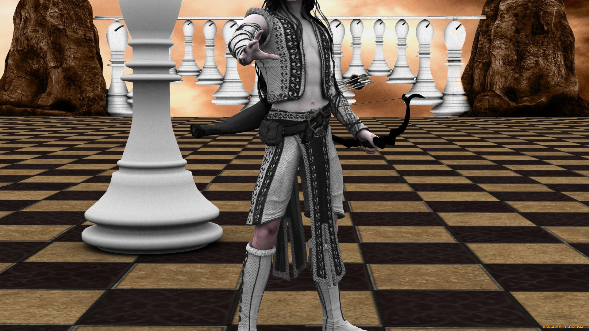 3д, графика, фантазия, , fantasy, кастаника, шахматы, мужчина, фон, взгляд, лук