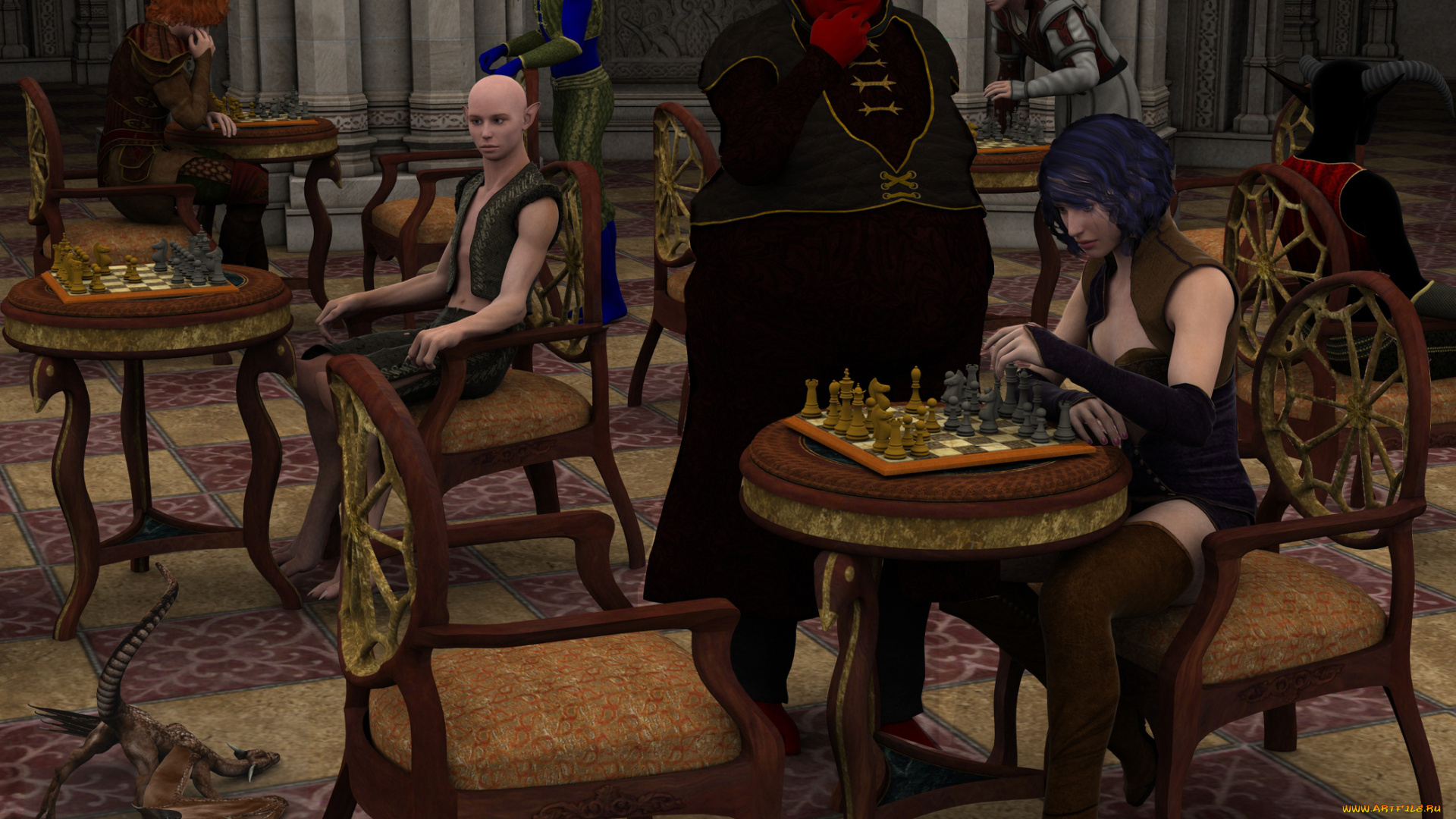 3д, графика, фантазия, , fantasy, шахматы, столы, стулья, интерьер, фон, девушка, взгляд
