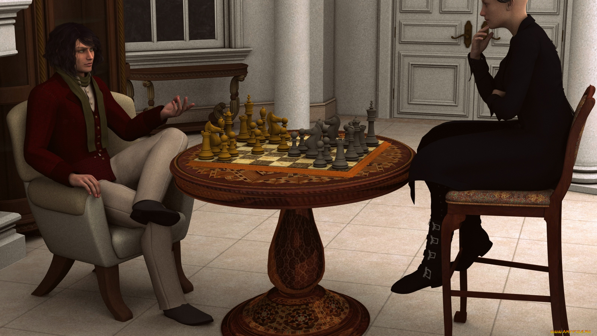 3д, графика, фантазия, , fantasy, взгляд, девушка, стол, стулья, шахматы, фон, мужчина