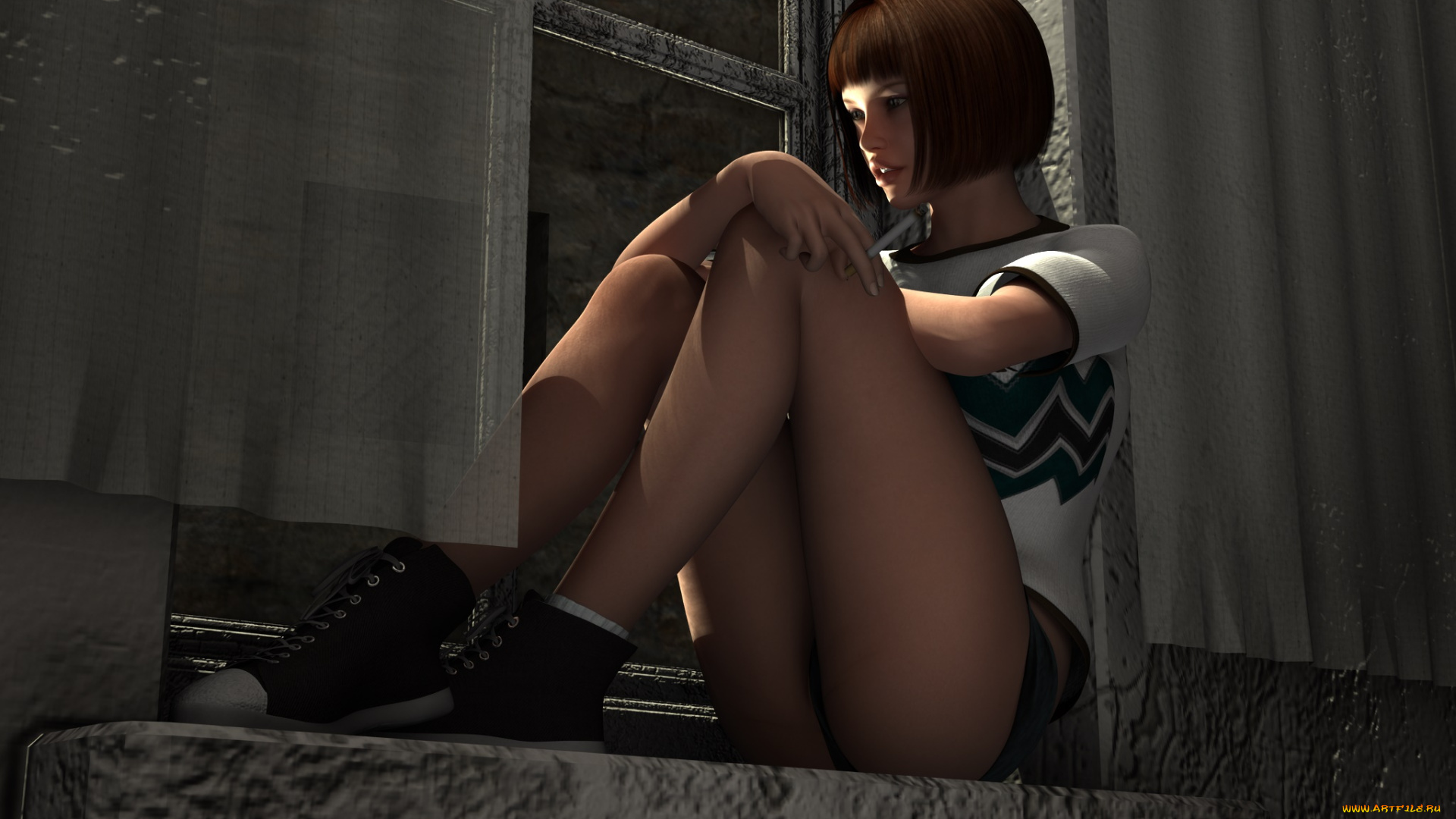 3д, графика, люди, , people, окно, фон, взгляд, девушка, штора