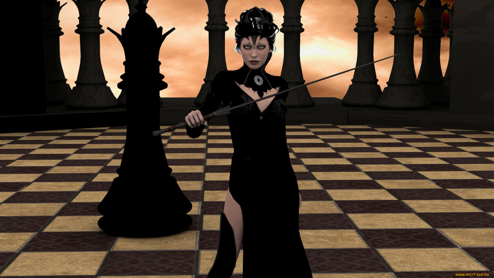3д, графика, люди, , people, взгляд, девушка, оружие, шахматы, фон