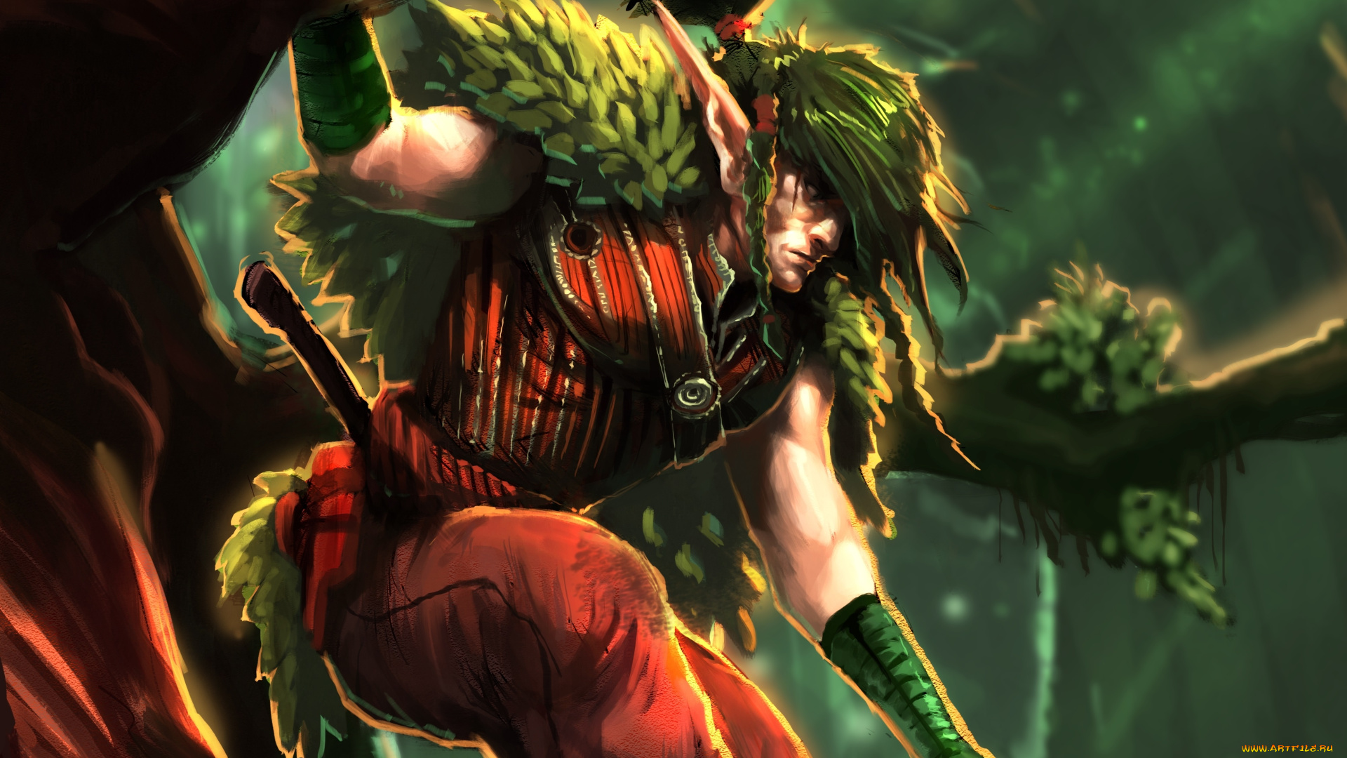 фэнтези, эльфы, парень, эльф, накидка, дерево, scout, moshyong, арт