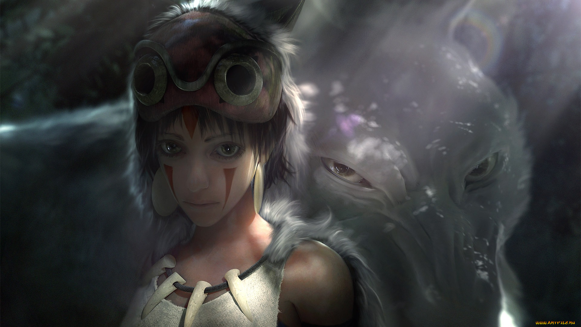 фэнтези, красавицы, и, чудовища, mononoke, princess, art, лицо, волк, девушка