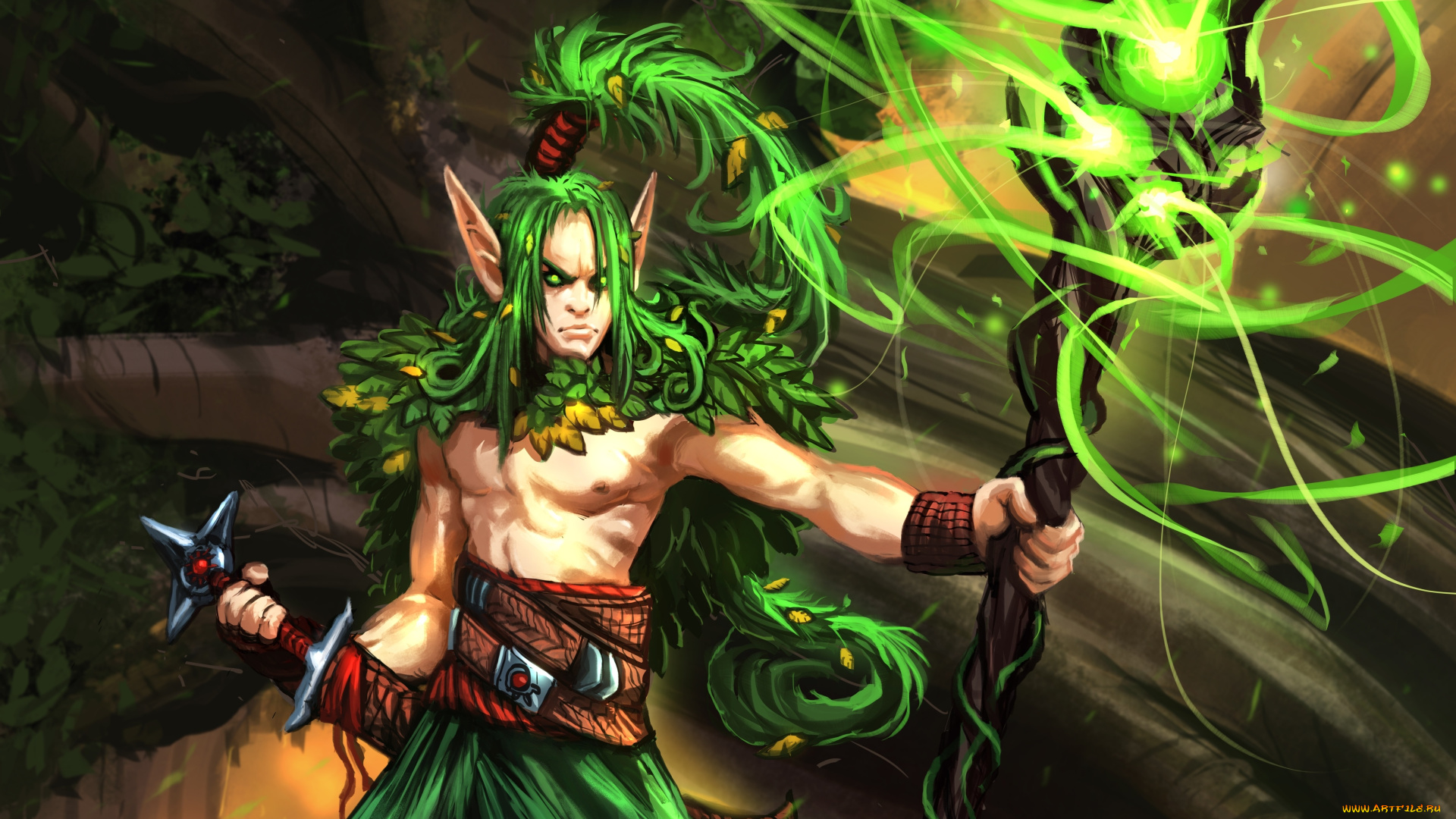 фэнтези, маги, , волшебники, парень, эльф, дерево, посох, магия, wizard, moshyong, арт