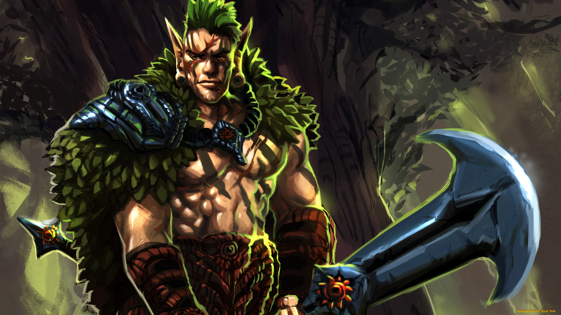 фэнтези, существа, парень, эльф, накидка, воин, оружие, дерево, champion, moshyong, арт