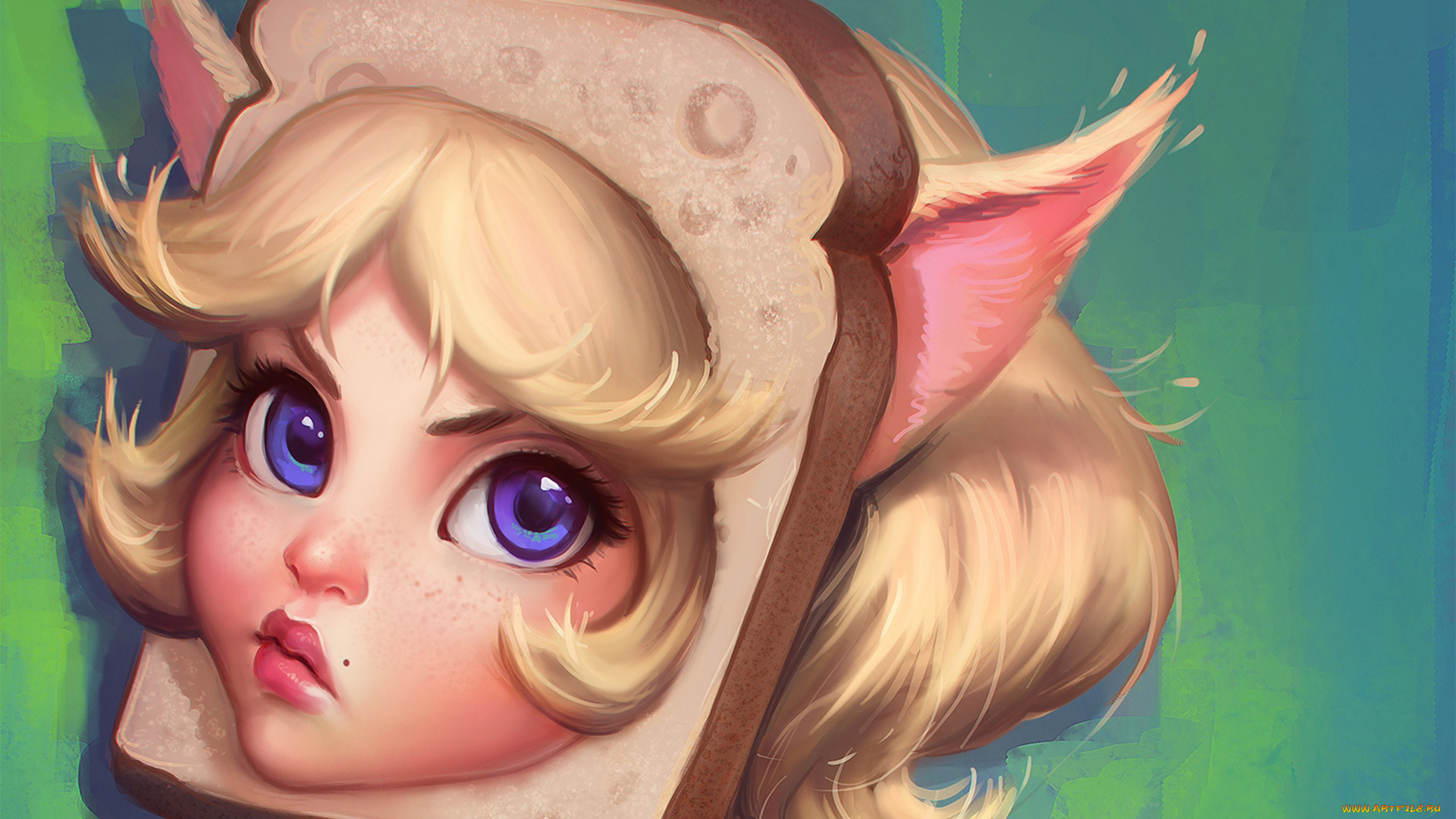 фэнтези, существа, ушки, хлеб, лицо, девушка, глаза, арт, взгляд