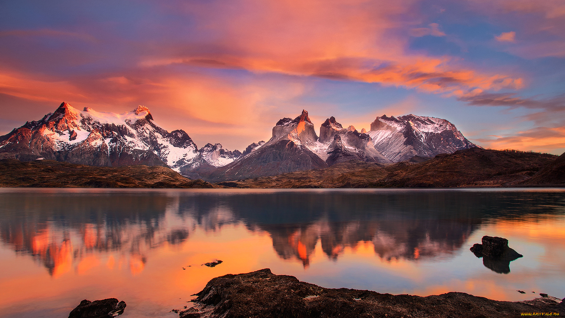 природа, реки, озера, национальный, парк, торрес-дель-пайне, утро, Чили, патагония, пеоэ, южная, америка, озеро, горы, анды