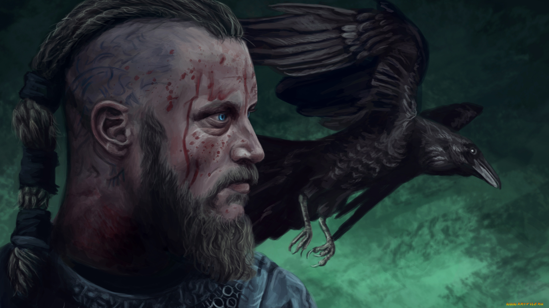 рисованное, кино, голова, ragnar, lothbrok, воин, ворон, viking, raven