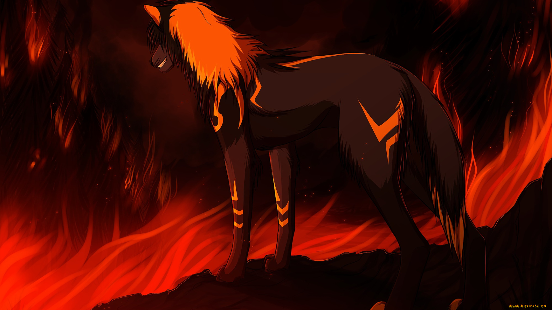 рисованное, животные, , волки, огонь, волк