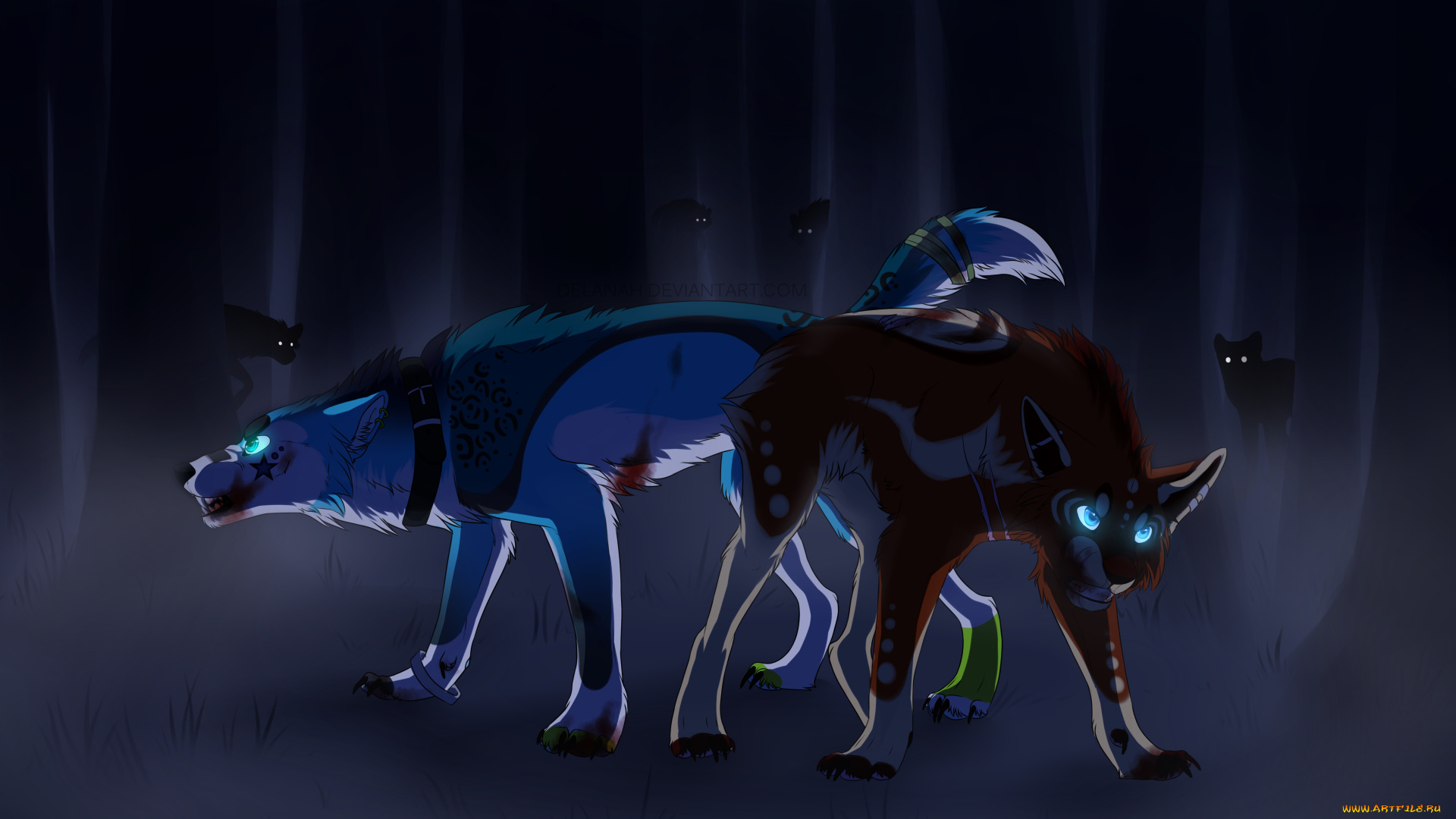 рисованное, животные, , волки, волки, ночь, лес