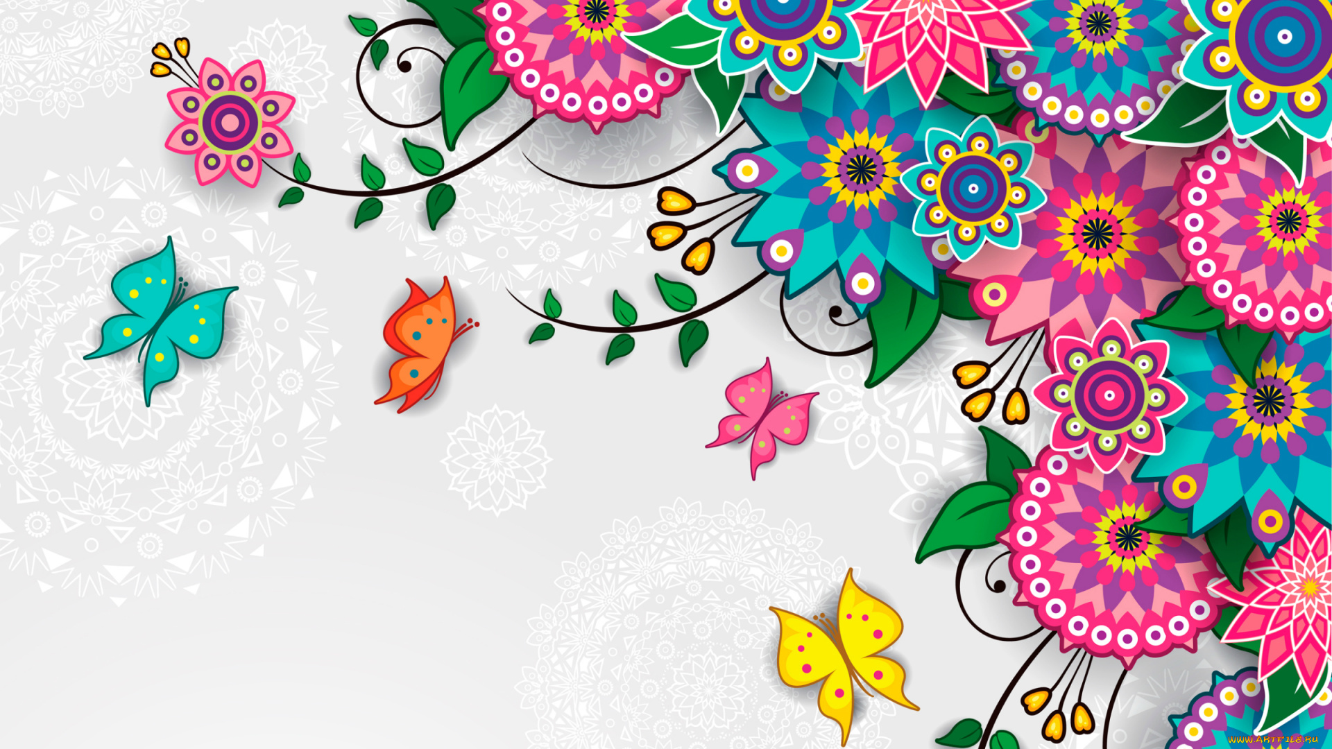 векторная, графика, цветы, , flowers, цветы, бабочки, узор