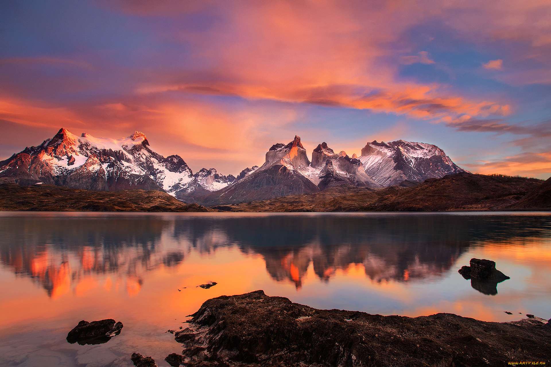 природа, реки, озера, национальный, парк, торрес-дель-пайне, утро, Чили, патагония, пеоэ, южная, америка, озеро, горы, анды