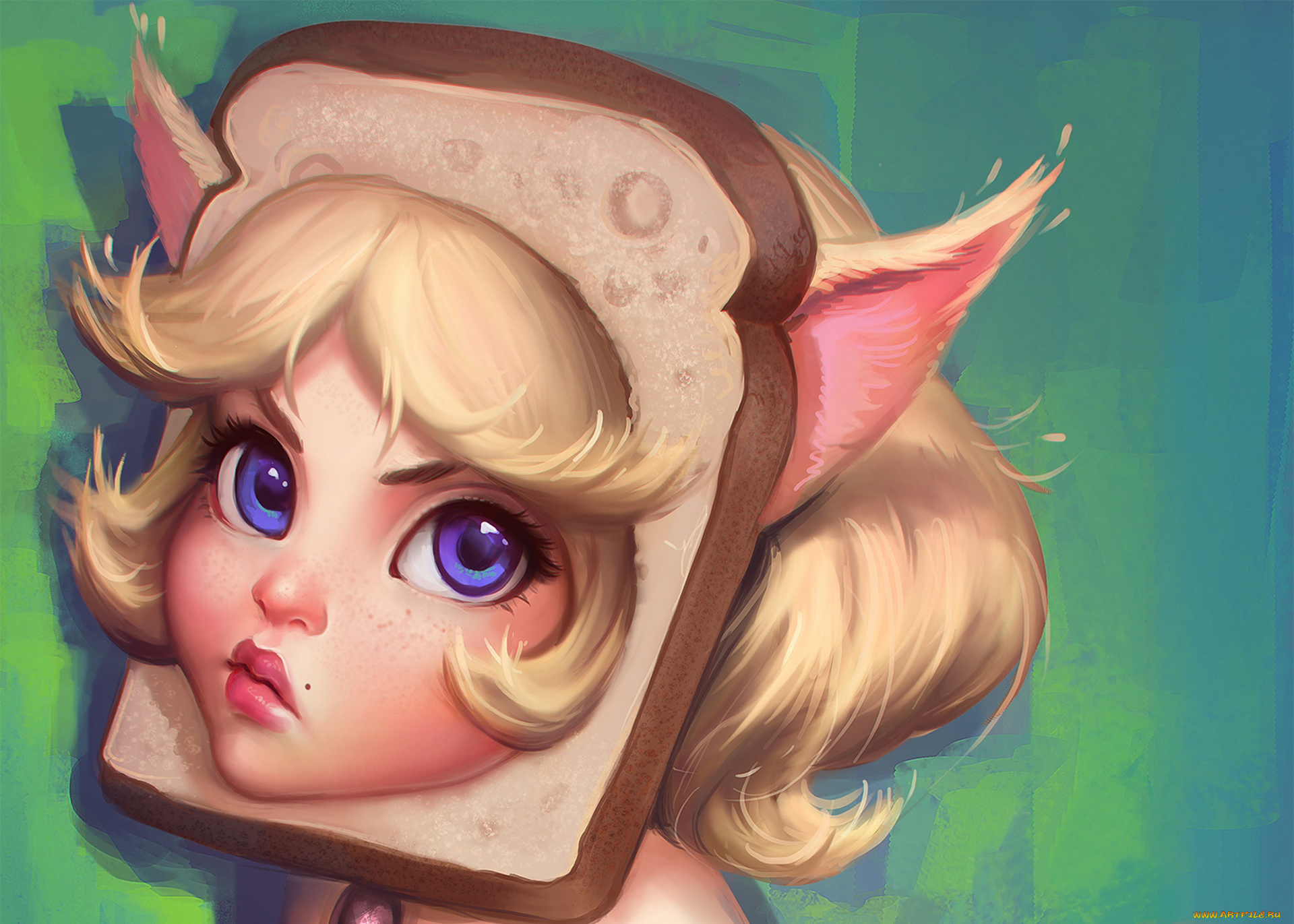 фэнтези, существа, ушки, хлеб, лицо, девушка, глаза, арт, взгляд