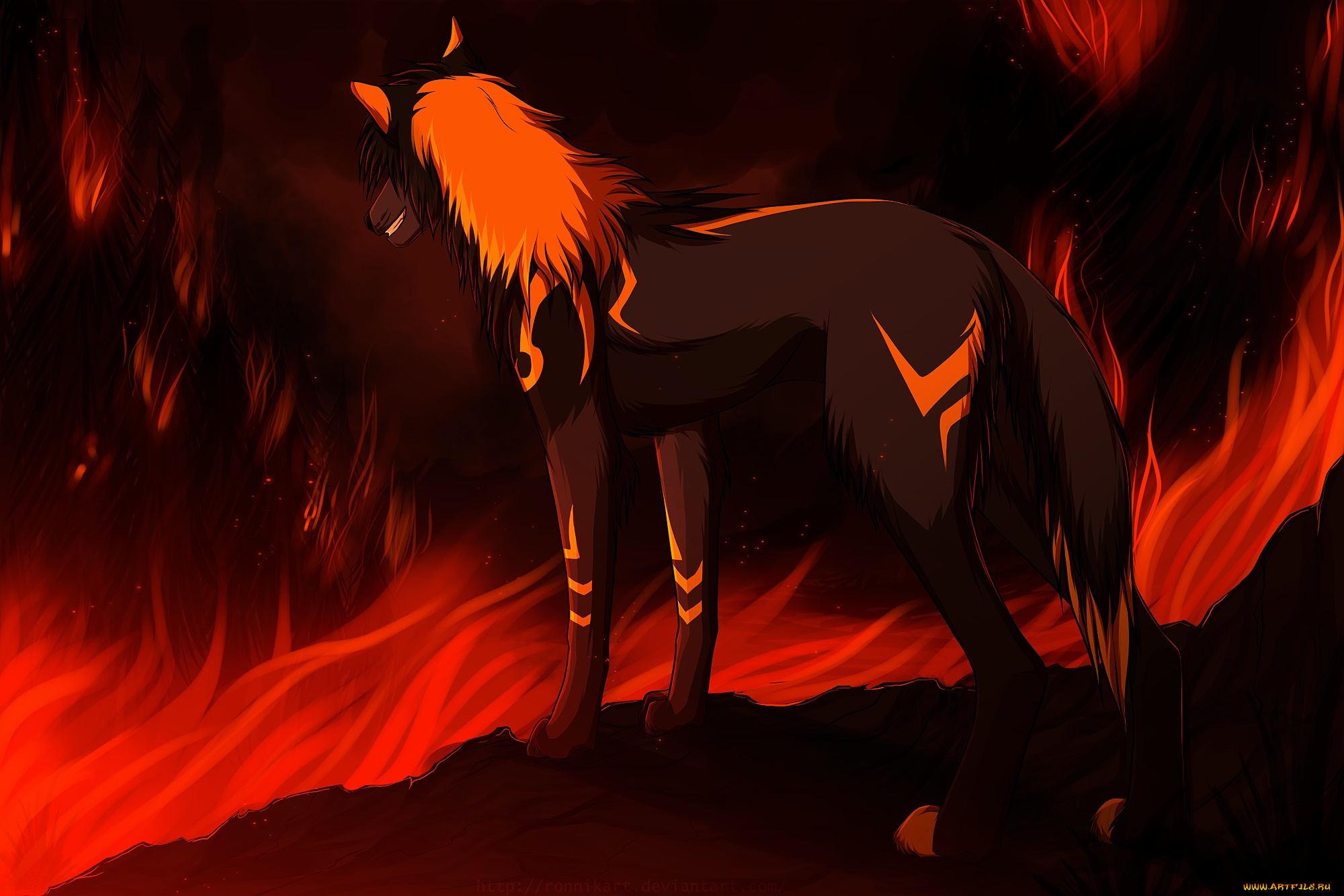 рисованное, животные, , волки, огонь, волк