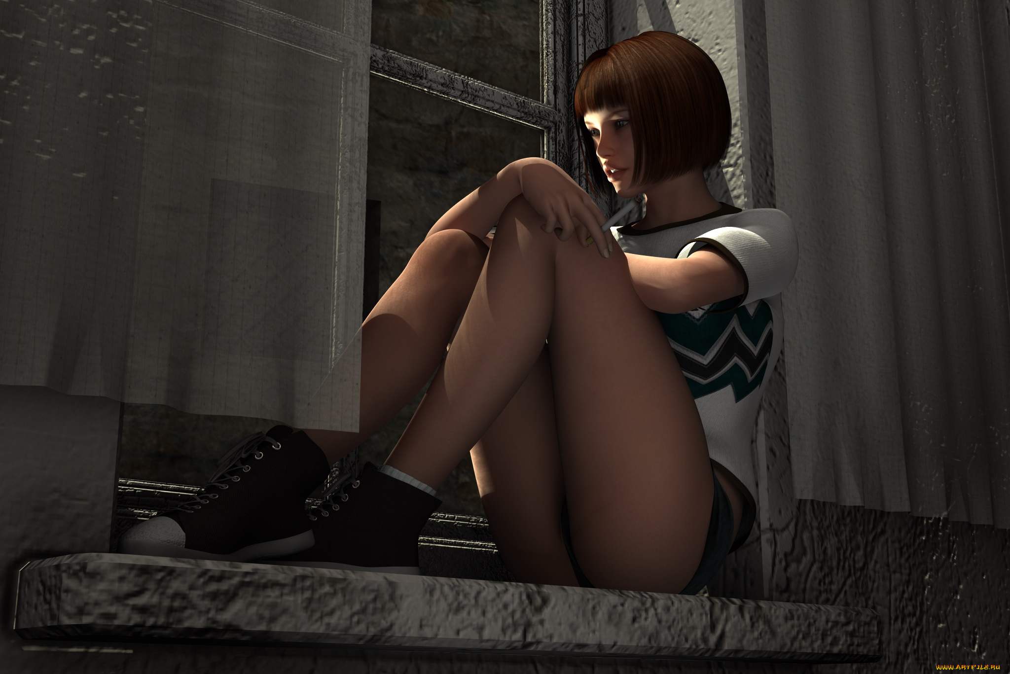 3д, графика, люди, , people, окно, фон, взгляд, девушка, штора