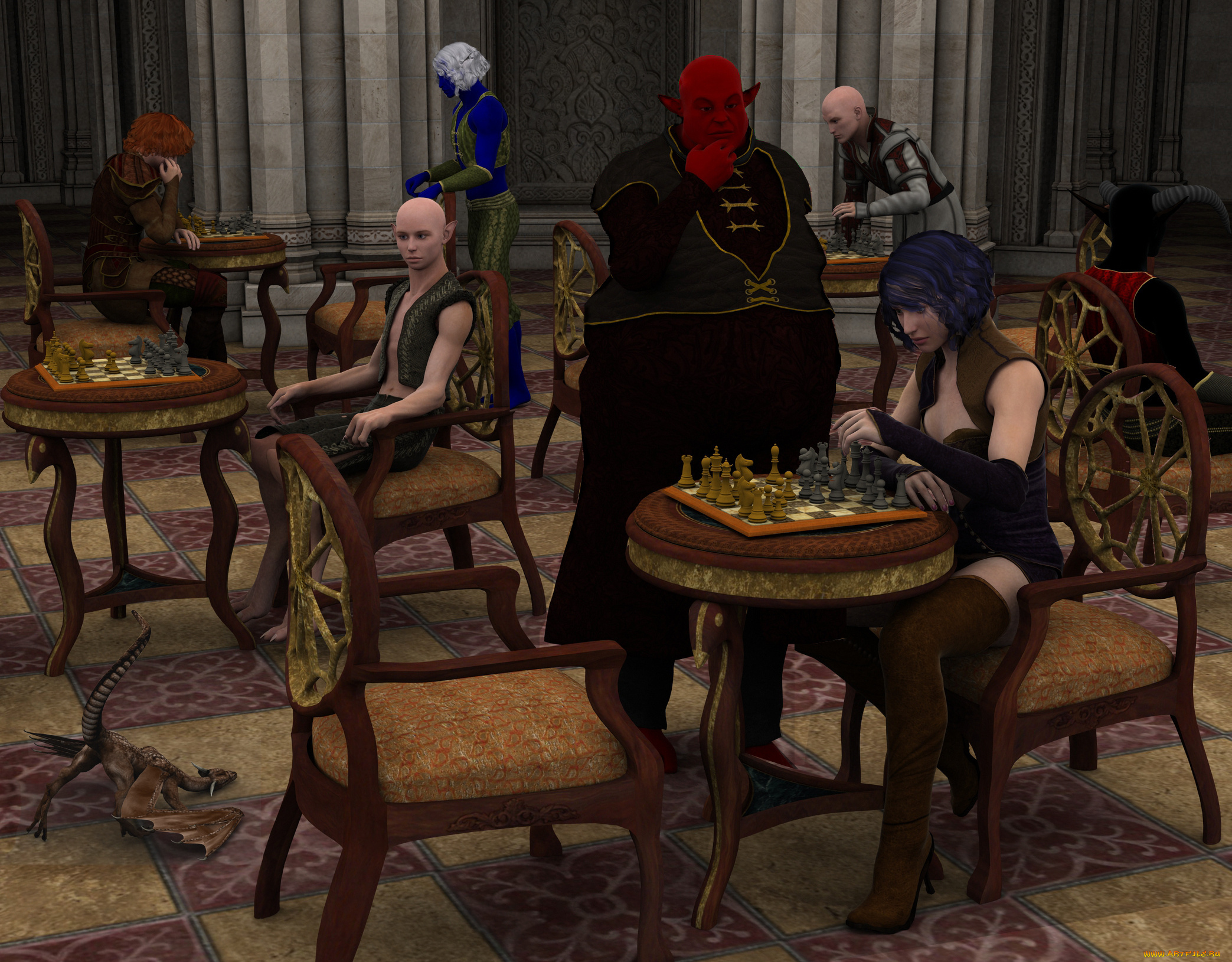 3д, графика, фантазия, , fantasy, шахматы, столы, стулья, интерьер, фон, девушка, взгляд