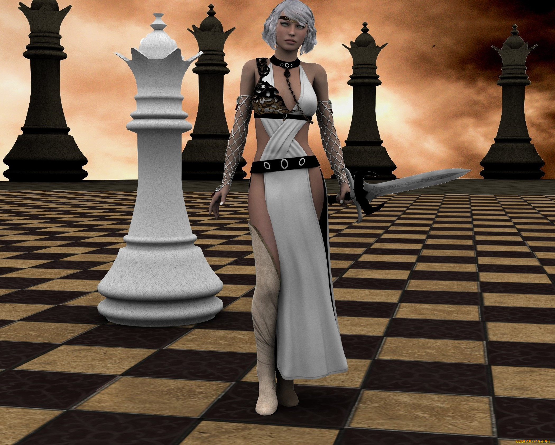 3д, графика, люди, , people, шахматы, фон, меч, взгляд, девушка