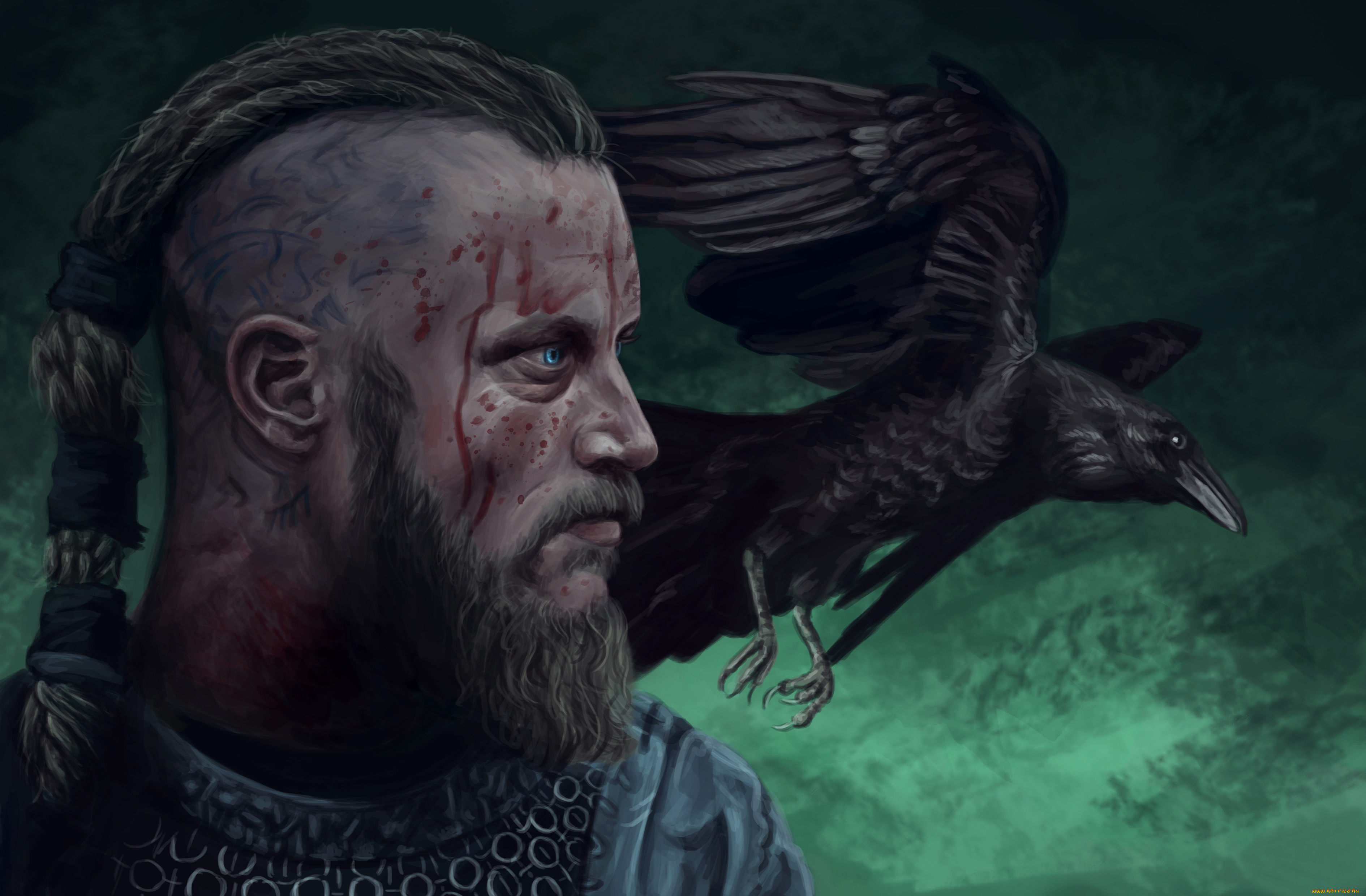 рисованное, кино, голова, ragnar, lothbrok, воин, ворон, viking, raven