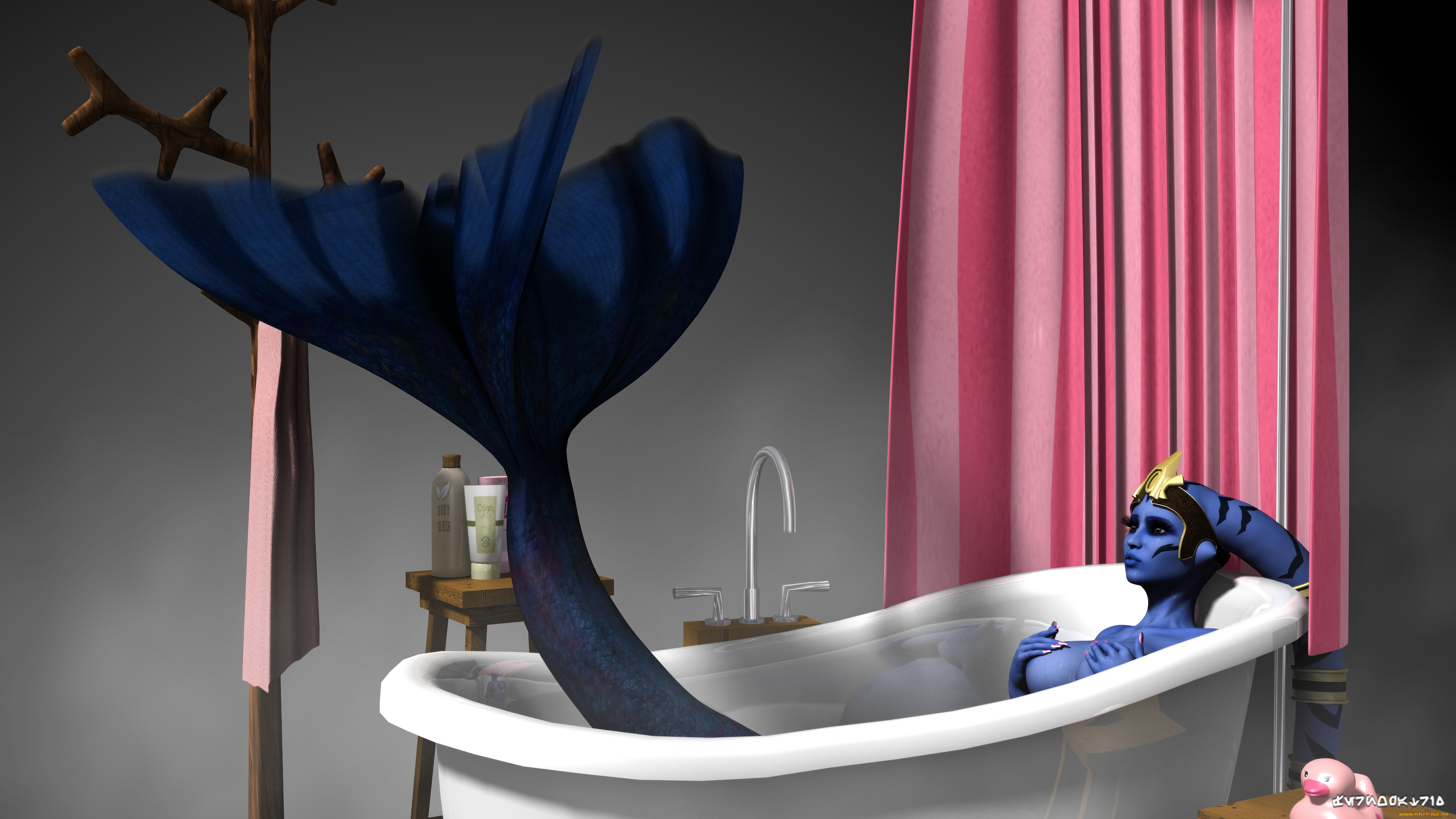 3д, графика, существа, , creatures, халк, взгляд, фон, ванная, русалка