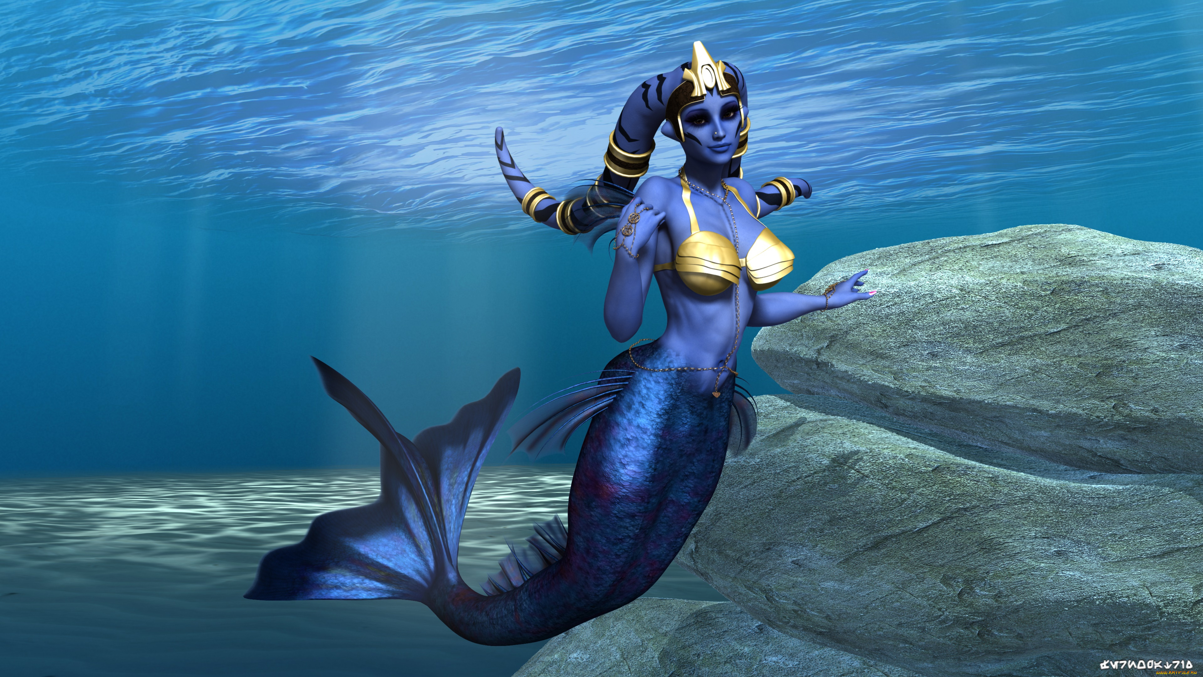 3д, графика, существа, , creatures, море, русалка, фон, халк, взгляд