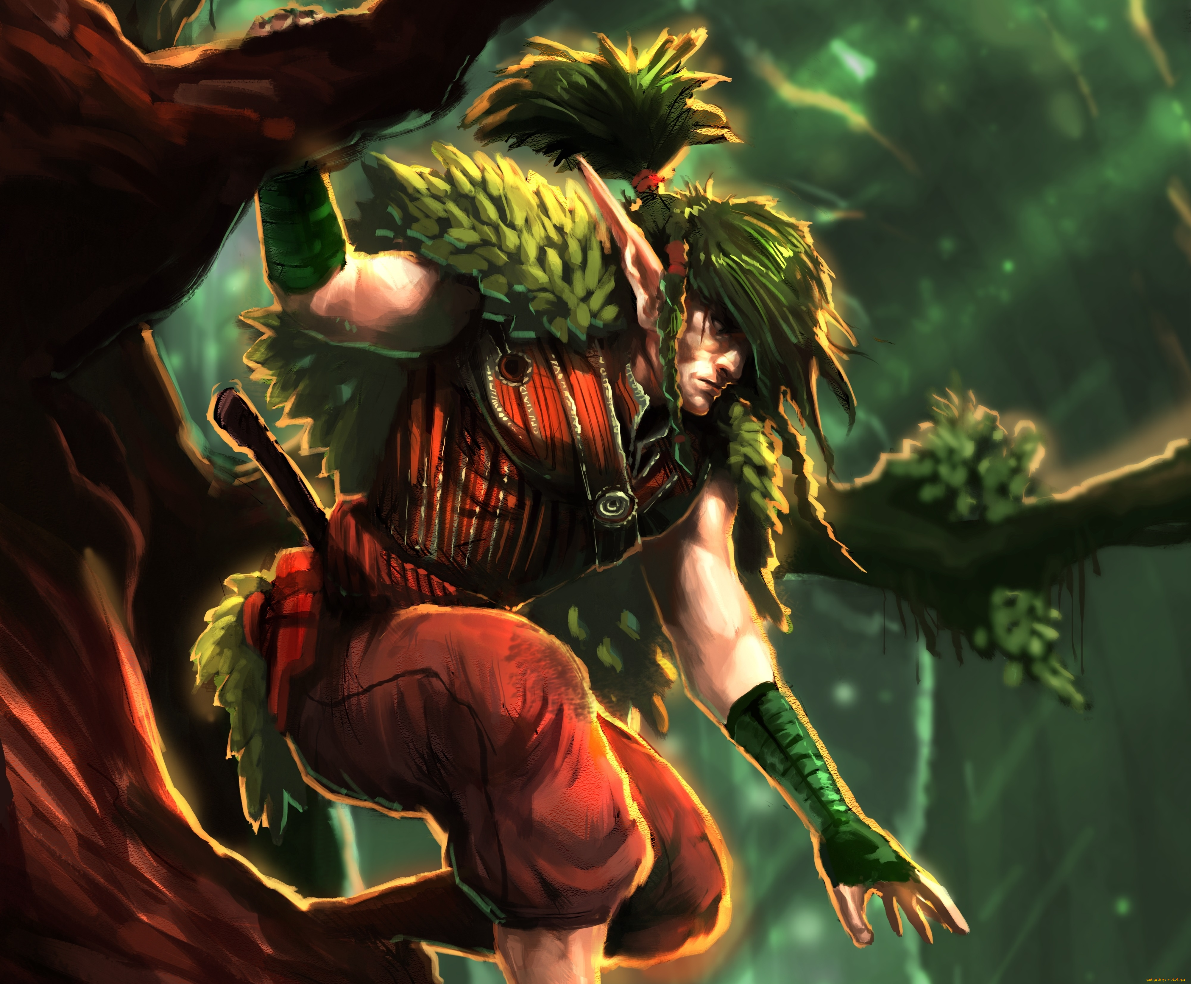 фэнтези, эльфы, парень, эльф, накидка, дерево, scout, moshyong, арт