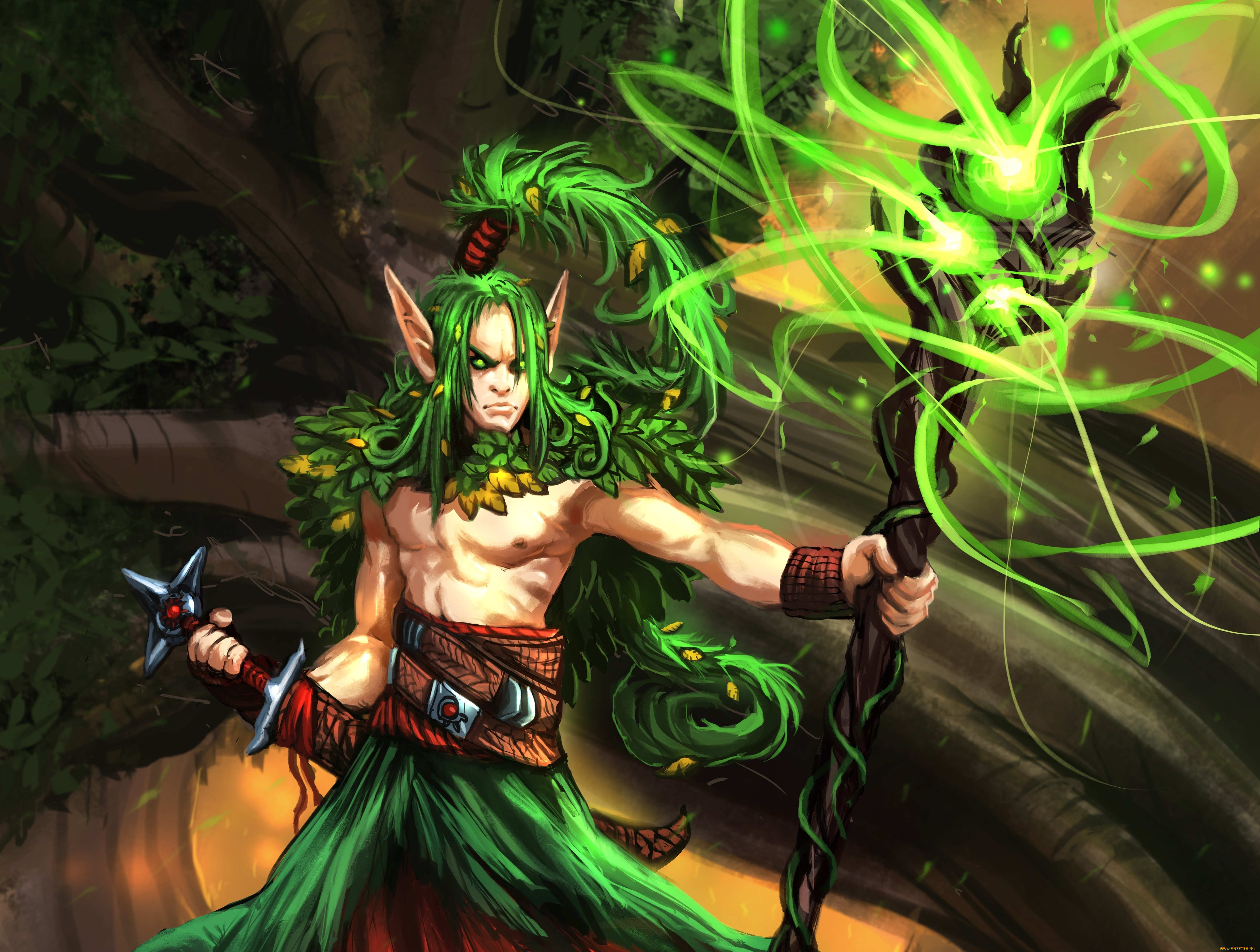 фэнтези, маги, , волшебники, парень, эльф, дерево, посох, магия, wizard, moshyong, арт