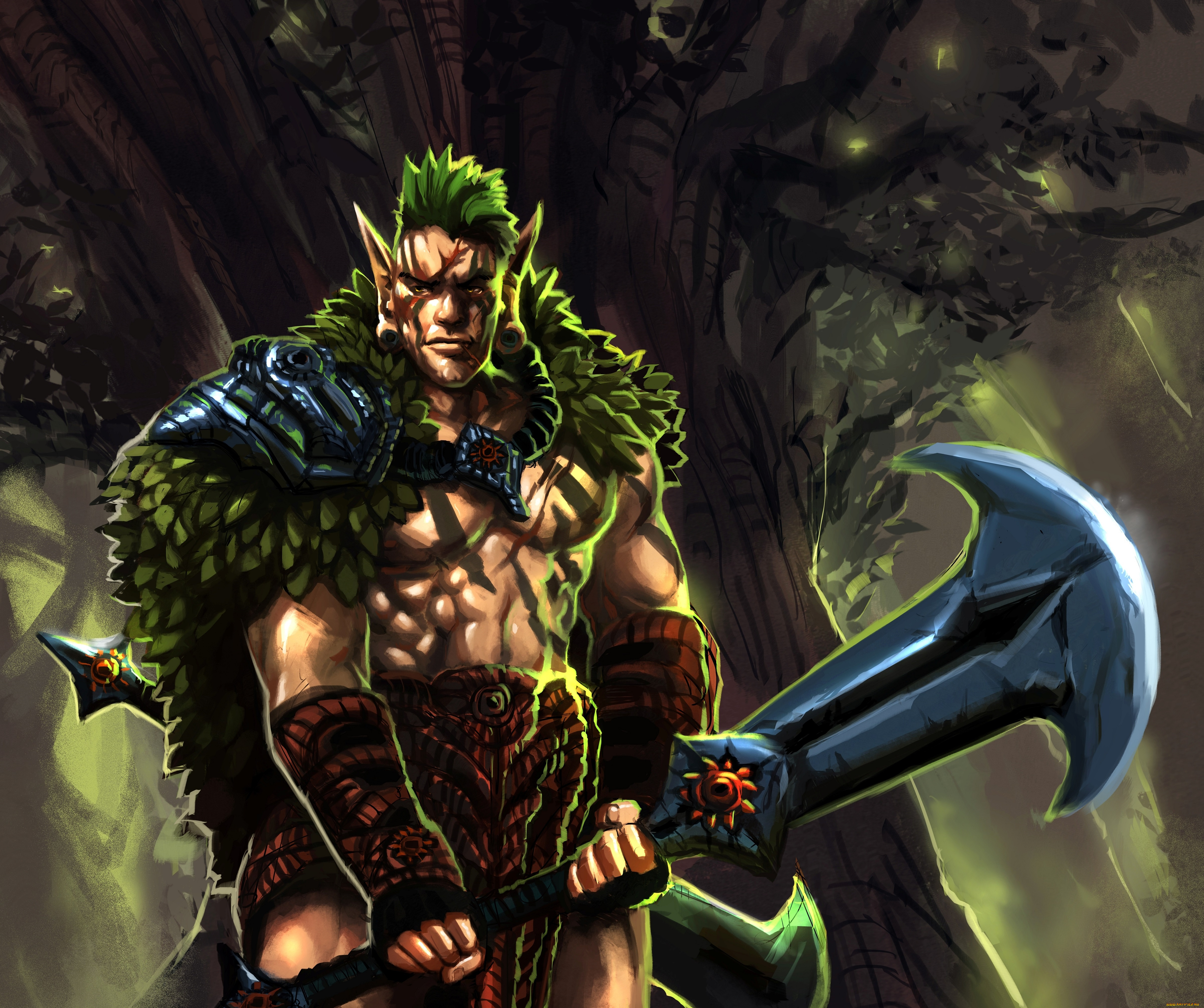 фэнтези, существа, парень, эльф, накидка, воин, оружие, дерево, champion, moshyong, арт