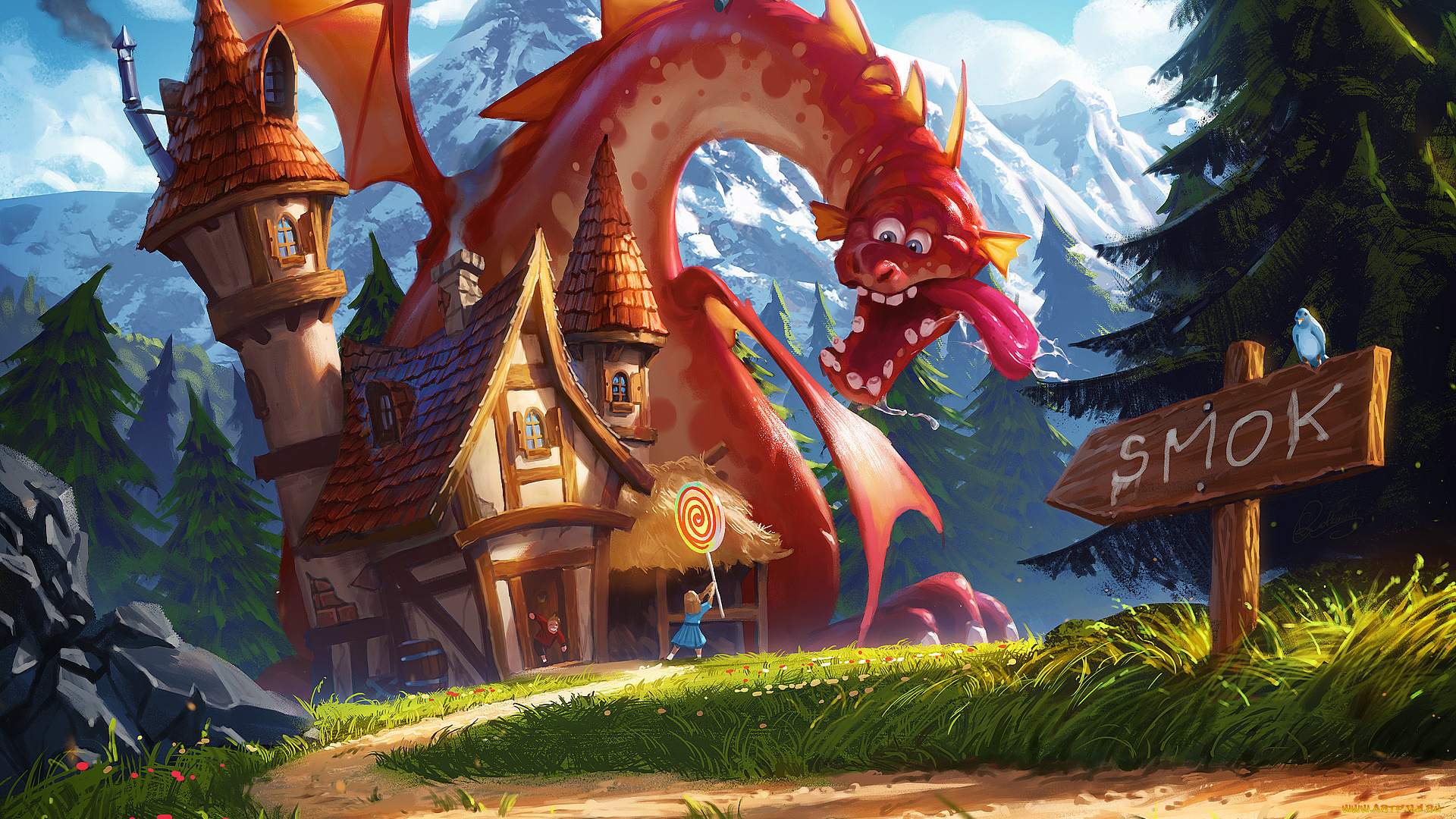 фэнтези, драконы, дракон, горы, знак, дорожка, домик, леденец, девочка, арт