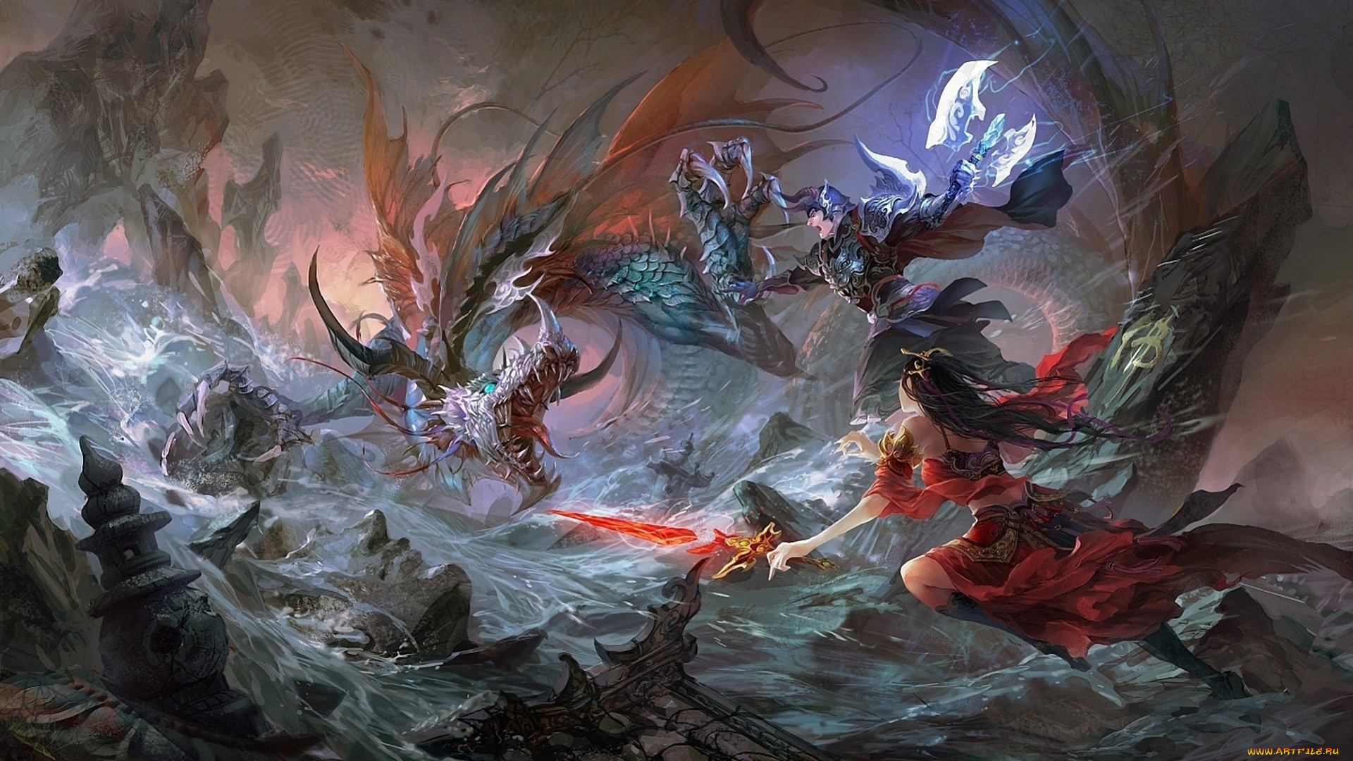 фэнтези, драконы, люди, дракон, воины