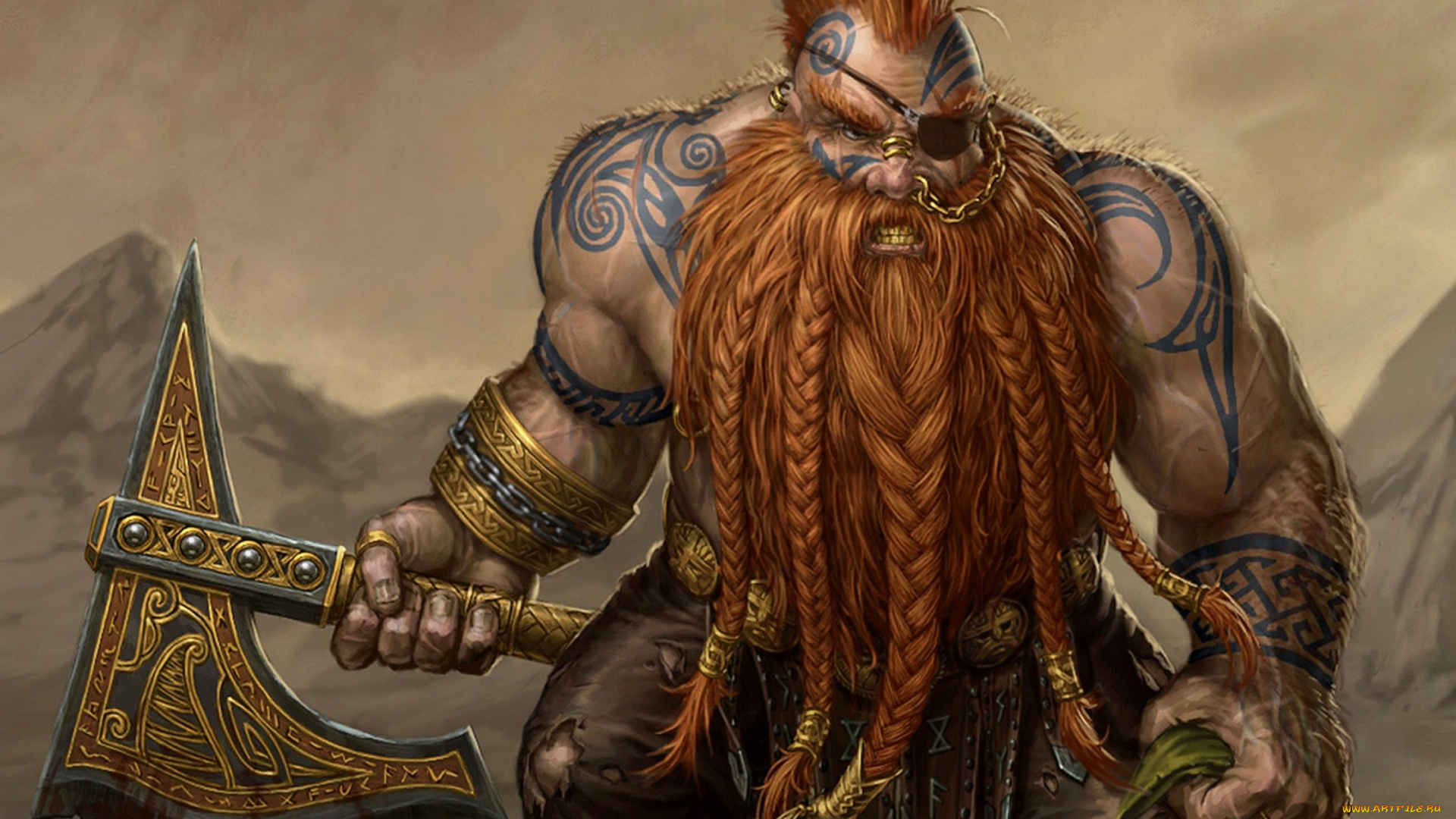 фэнтези, люди, силач, топор, рыжий, викинг, мышцы, гном