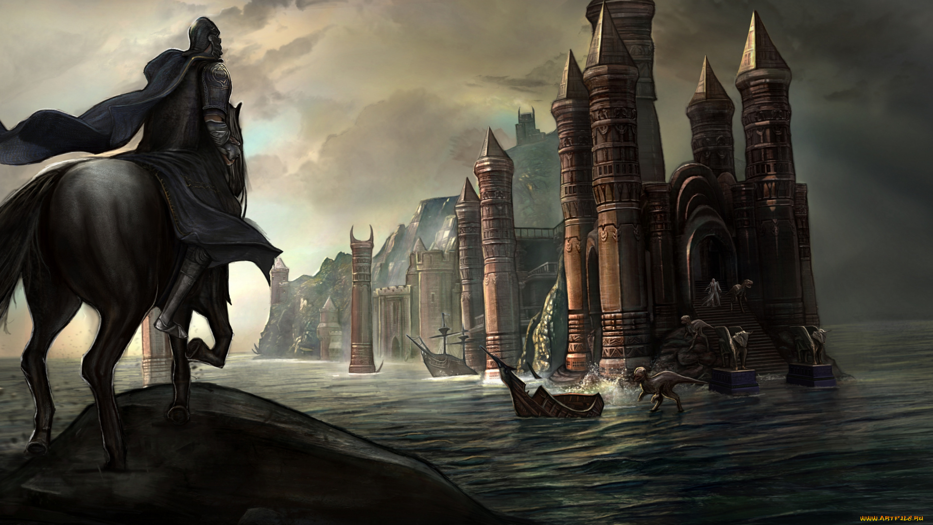 фэнтези, замки, замок, доспехи, рыцарь, мир, иной, всадник, существа, динозавры