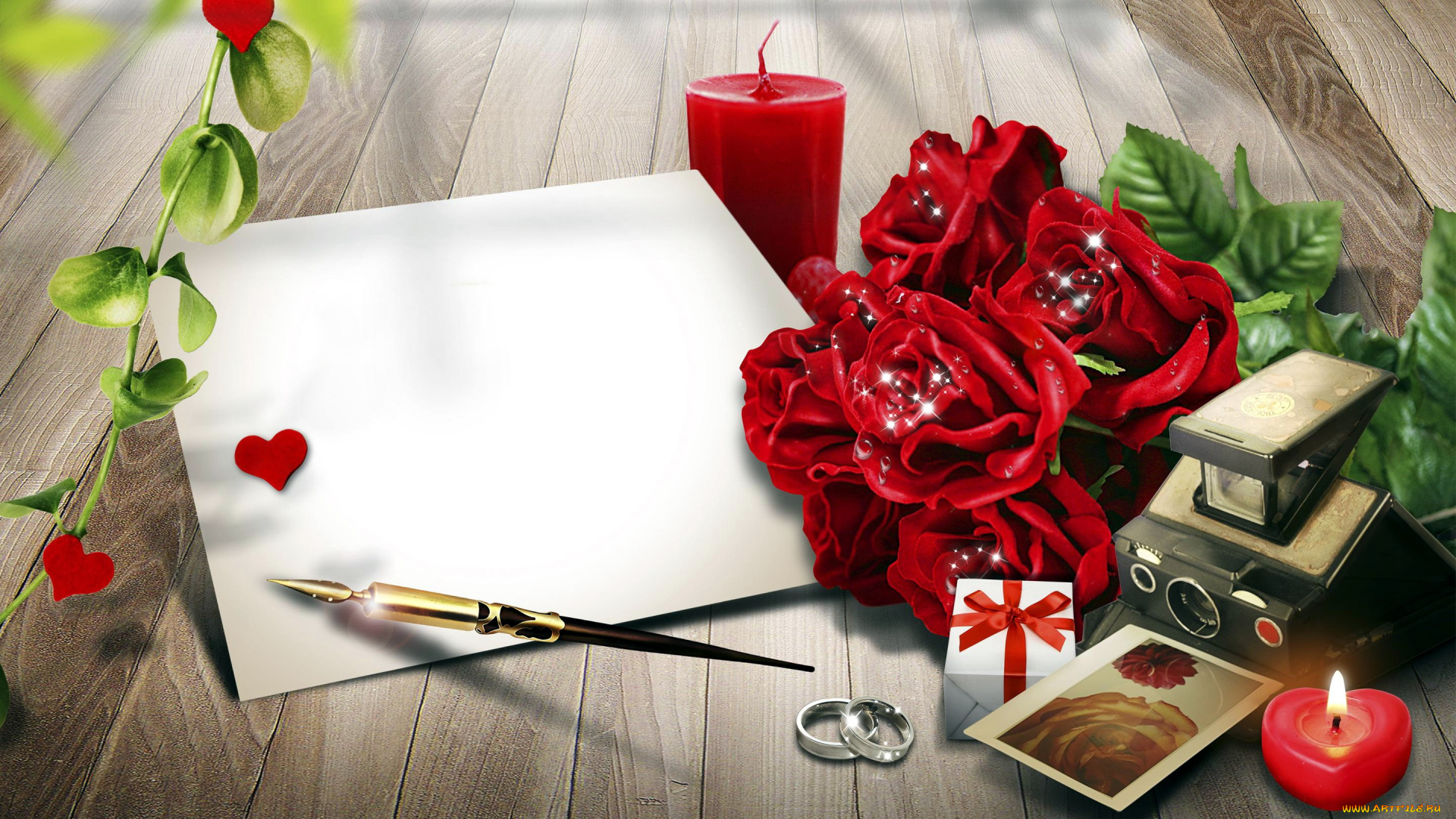 праздничные, день, святого, валентина, , сердечки, , любовь, свечи, подарок, кольца, сердечки